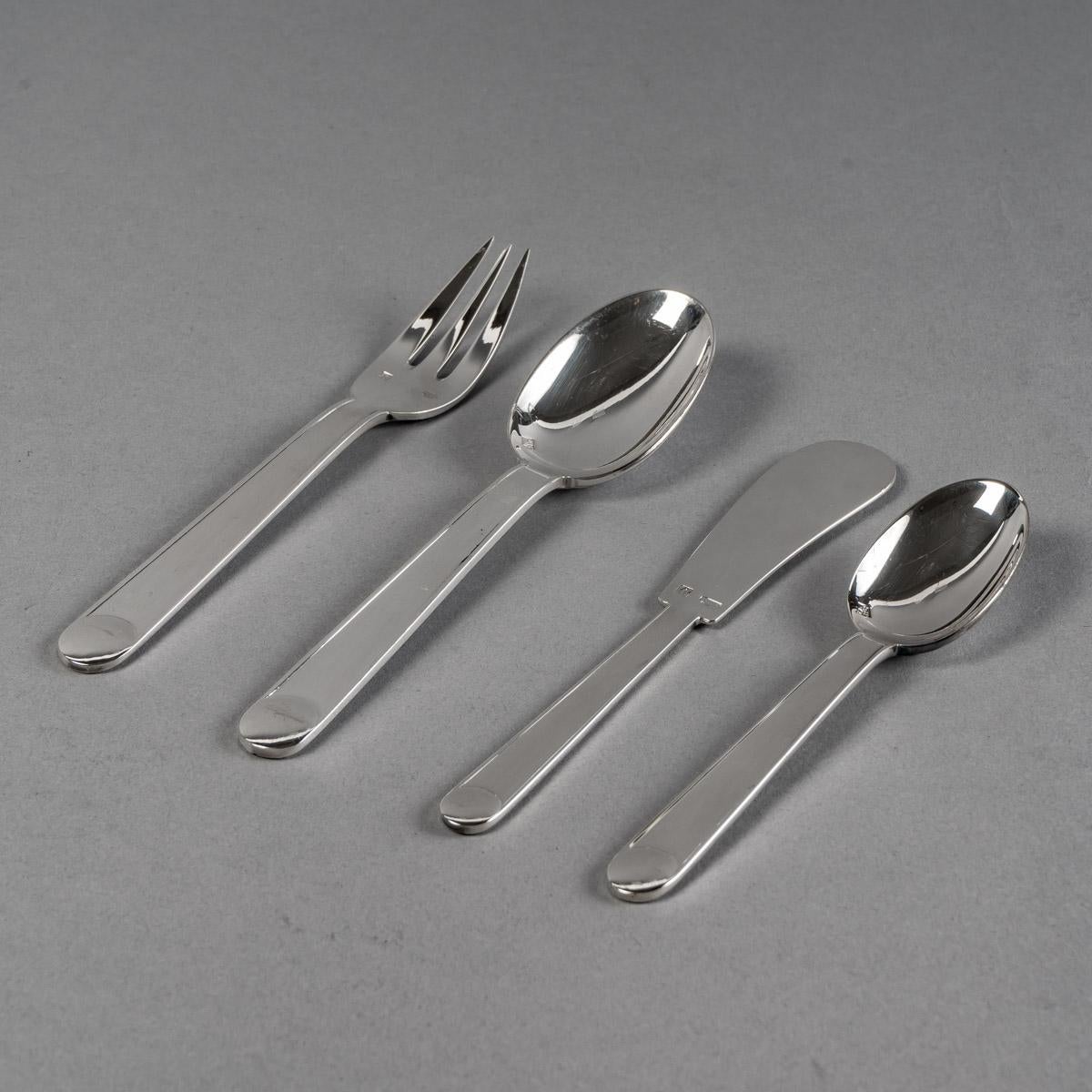 French Jean Puiforcat Cutlery Flatware Set Normandie Plated Silver 6 People, 73 Pieces
