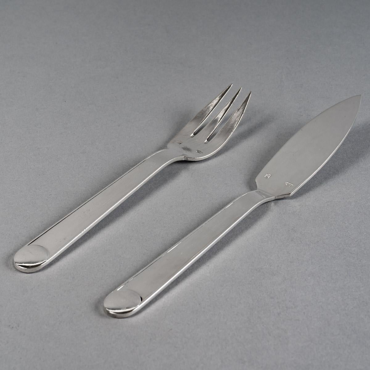 Jean Puiforcat Cutlery Flatware Set Normandie Plated Silver 6 People, 73 Pieces In Good Condition In Boulogne Billancourt, FR