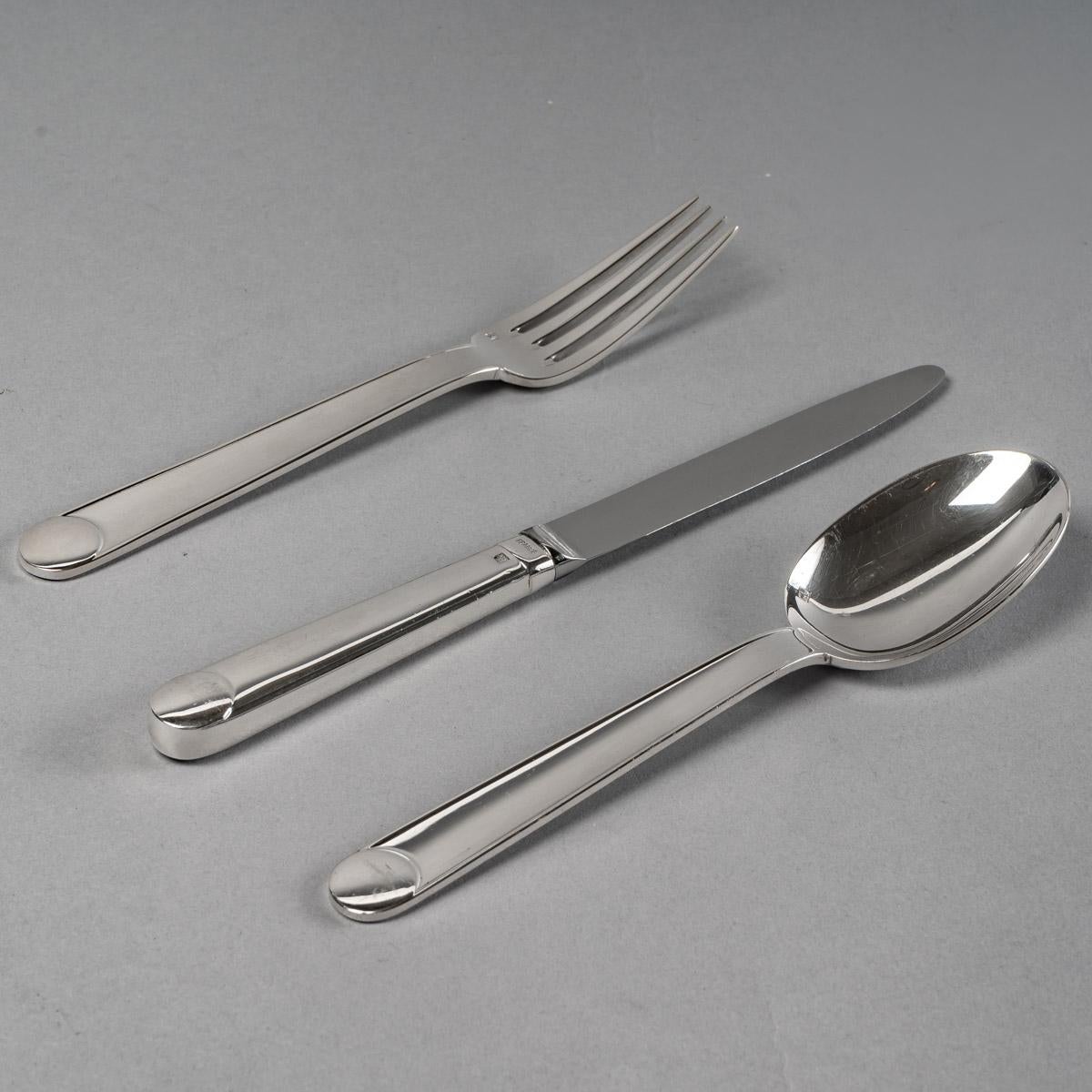 Jean Puiforcat Cutlery Flatware Set Normandie Plated Silver 6 People, 73 Pieces 1
