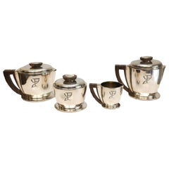 Jean Puiforcat Sterling Silver Wood Art Deco Coffee and Tea Service Set