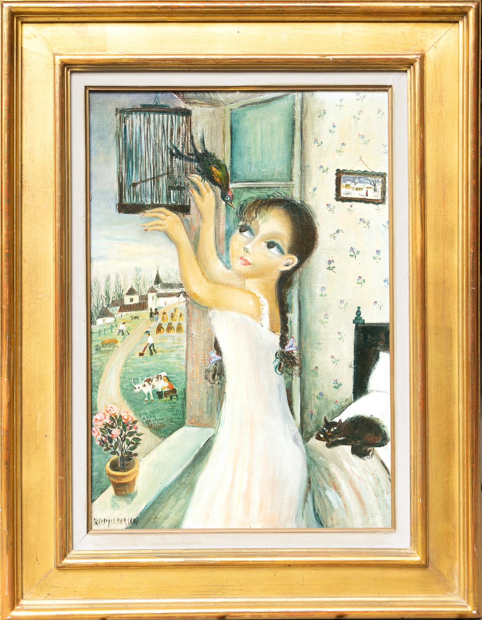 Girl with a Bird - Painting by Jean Raffy le Persan