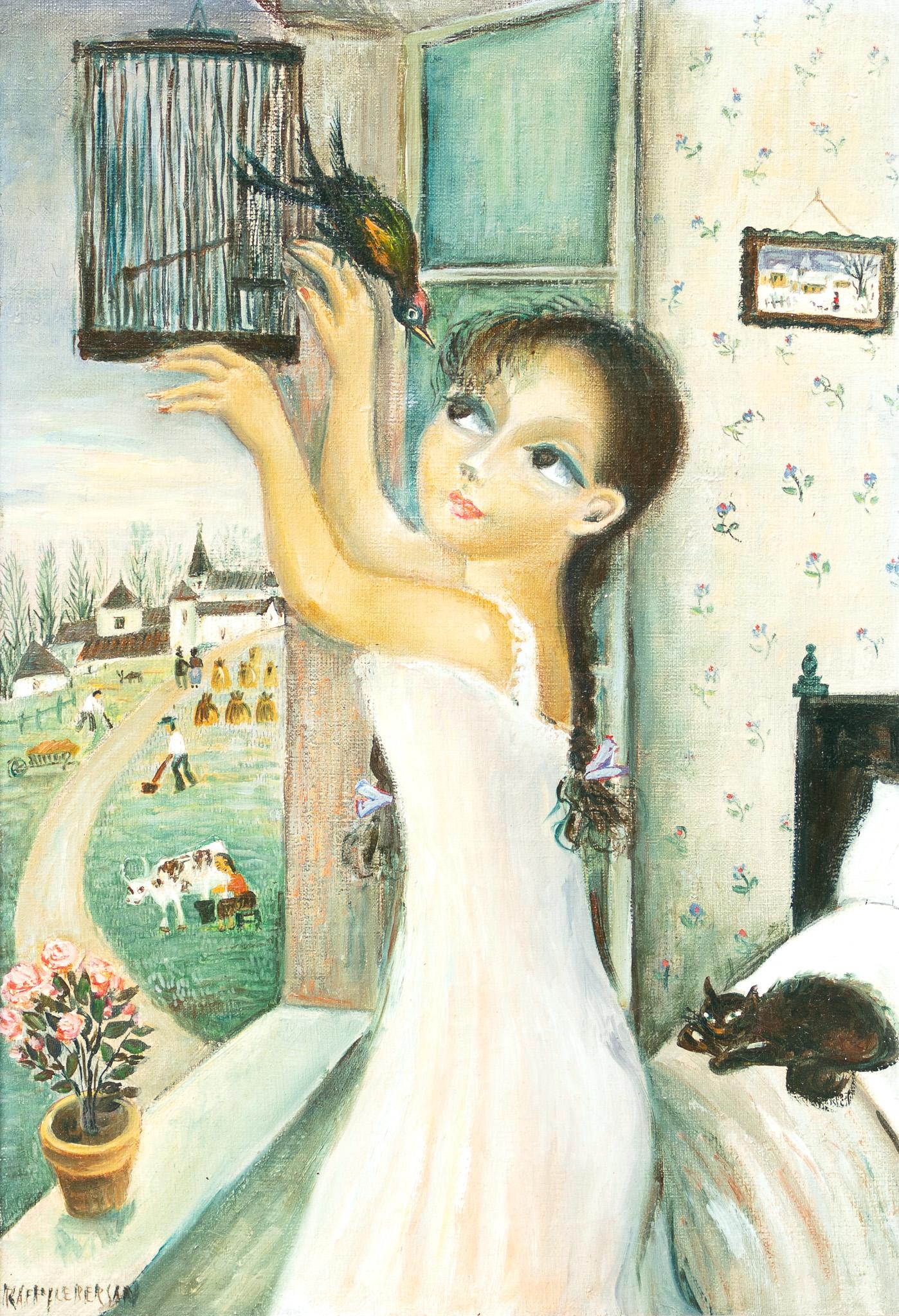 Jean Raffy le Persan Figurative Painting – Mädchen mit einem Vogel