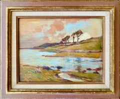 Antique French 19th century impressionist painting Mediterranean - Sunset Sea