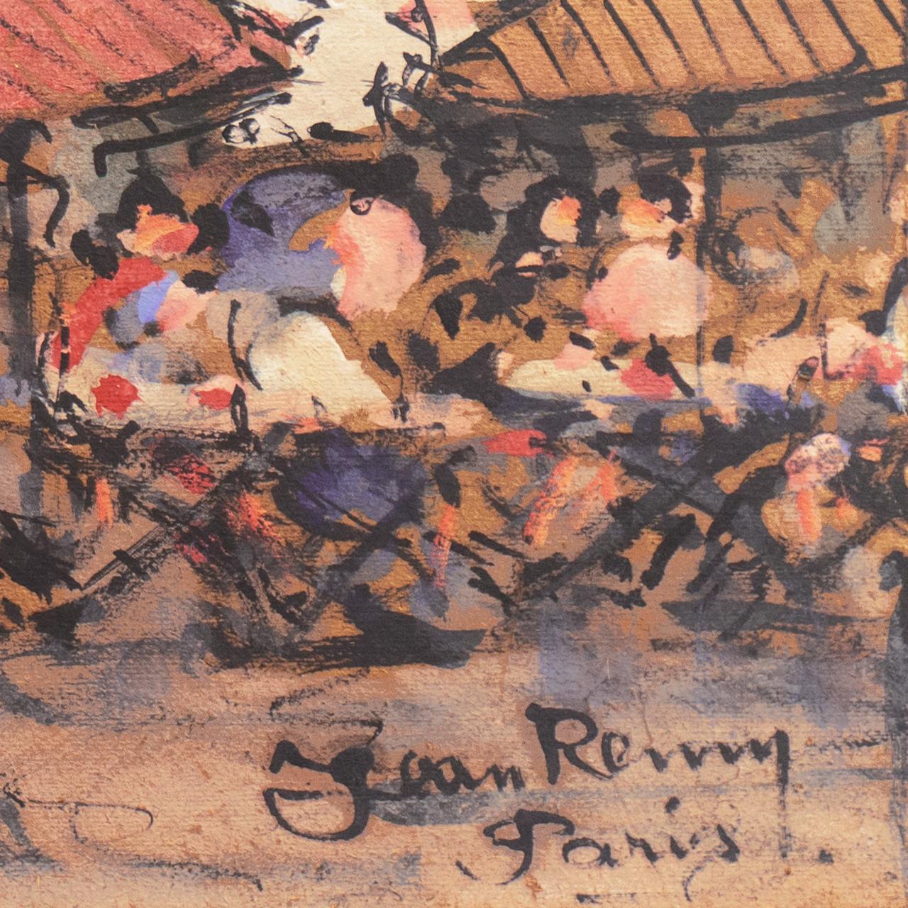 'Parisian Cafe and Flower Market', French School, Post Impressionist - Painting by Jean Remy