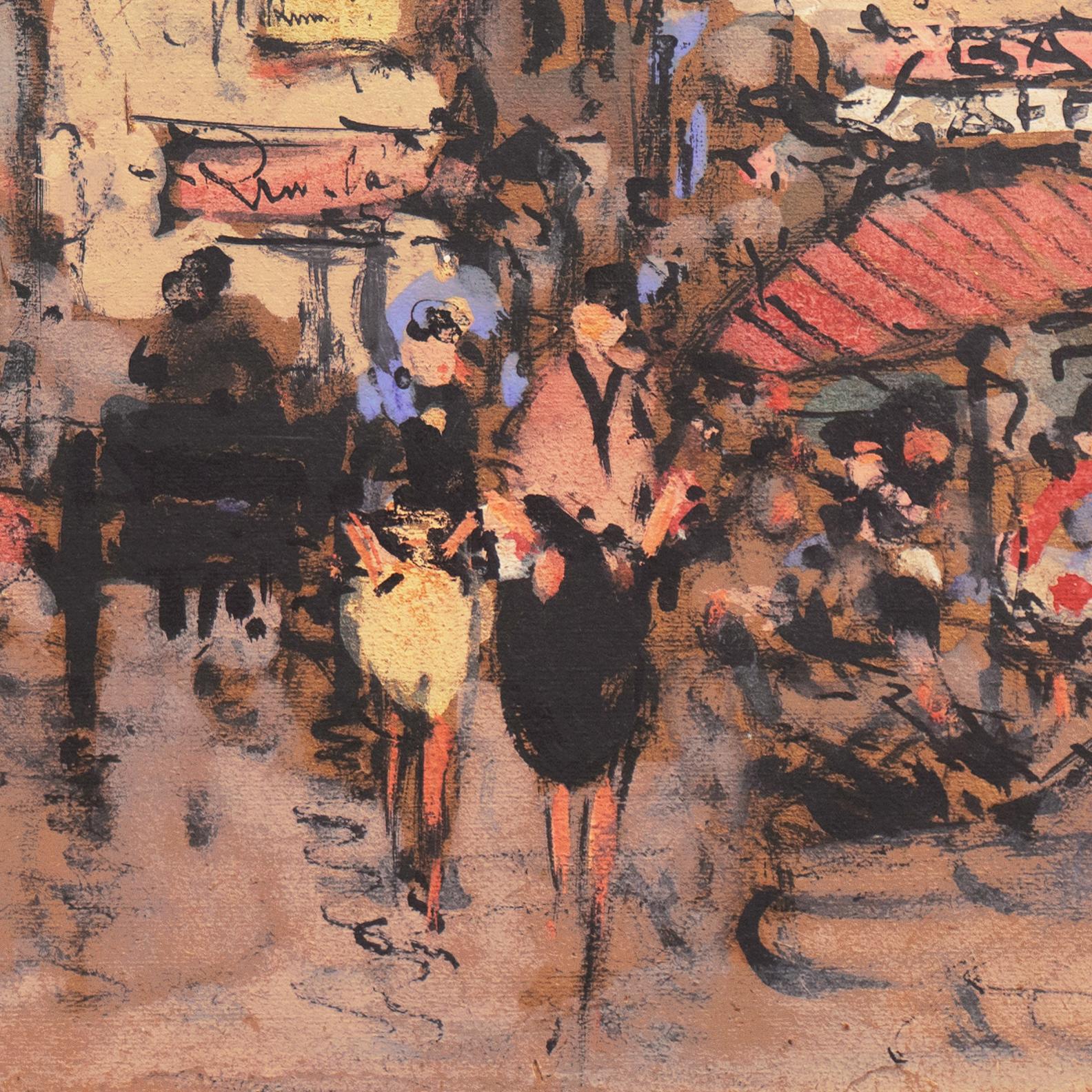 'Parisian Cafe and Flower Market', French School, Post Impressionist - Brown Landscape Painting by Jean Remy