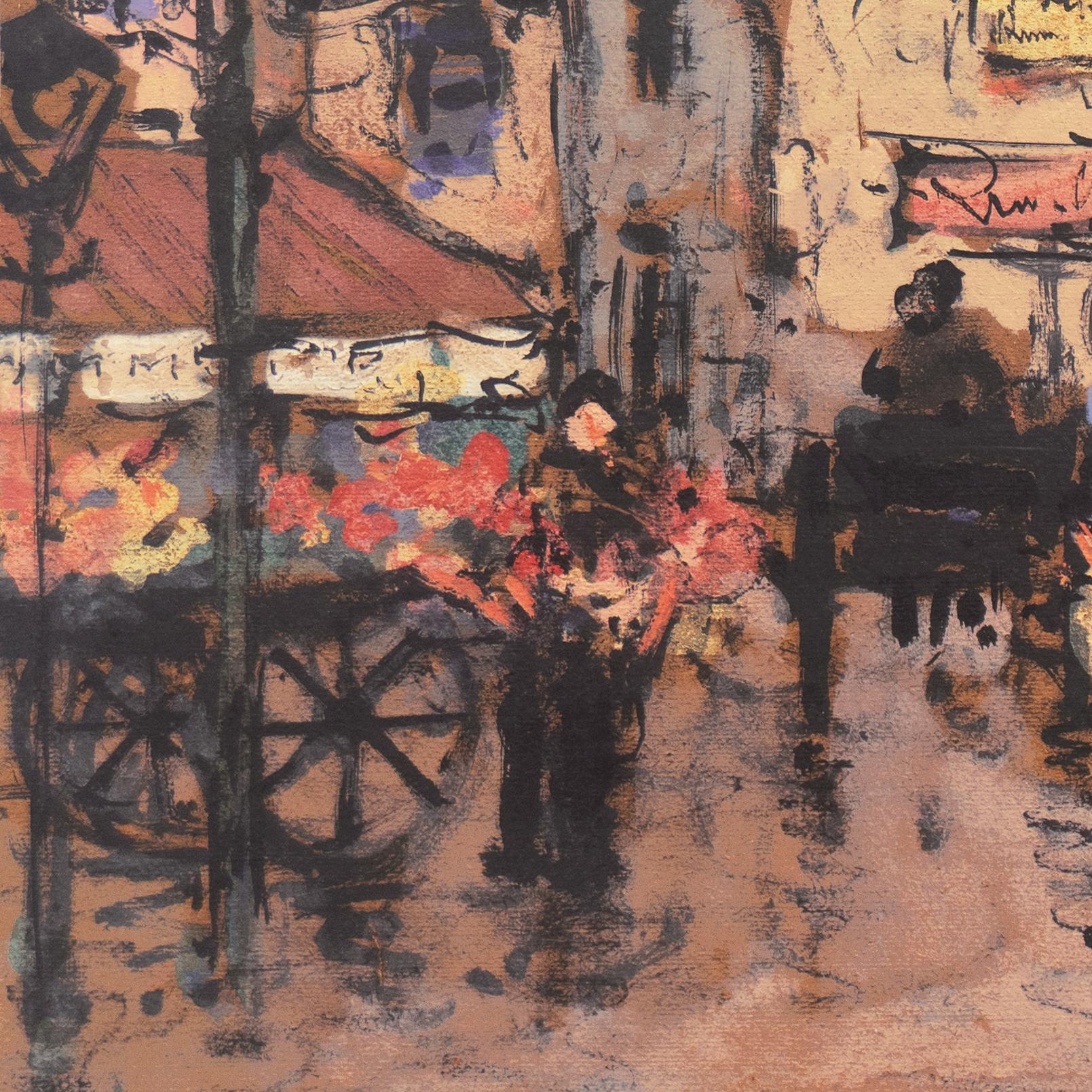 Signed lower right, 'Jean Remy' (French, born 1893), titled, 'Paris' and painted circa 1955.

A large and dynamic, Post-Impressionist cityscape showing a view of a picturesque Parisian street. In the foreground,  a flower seller offers bouquets to