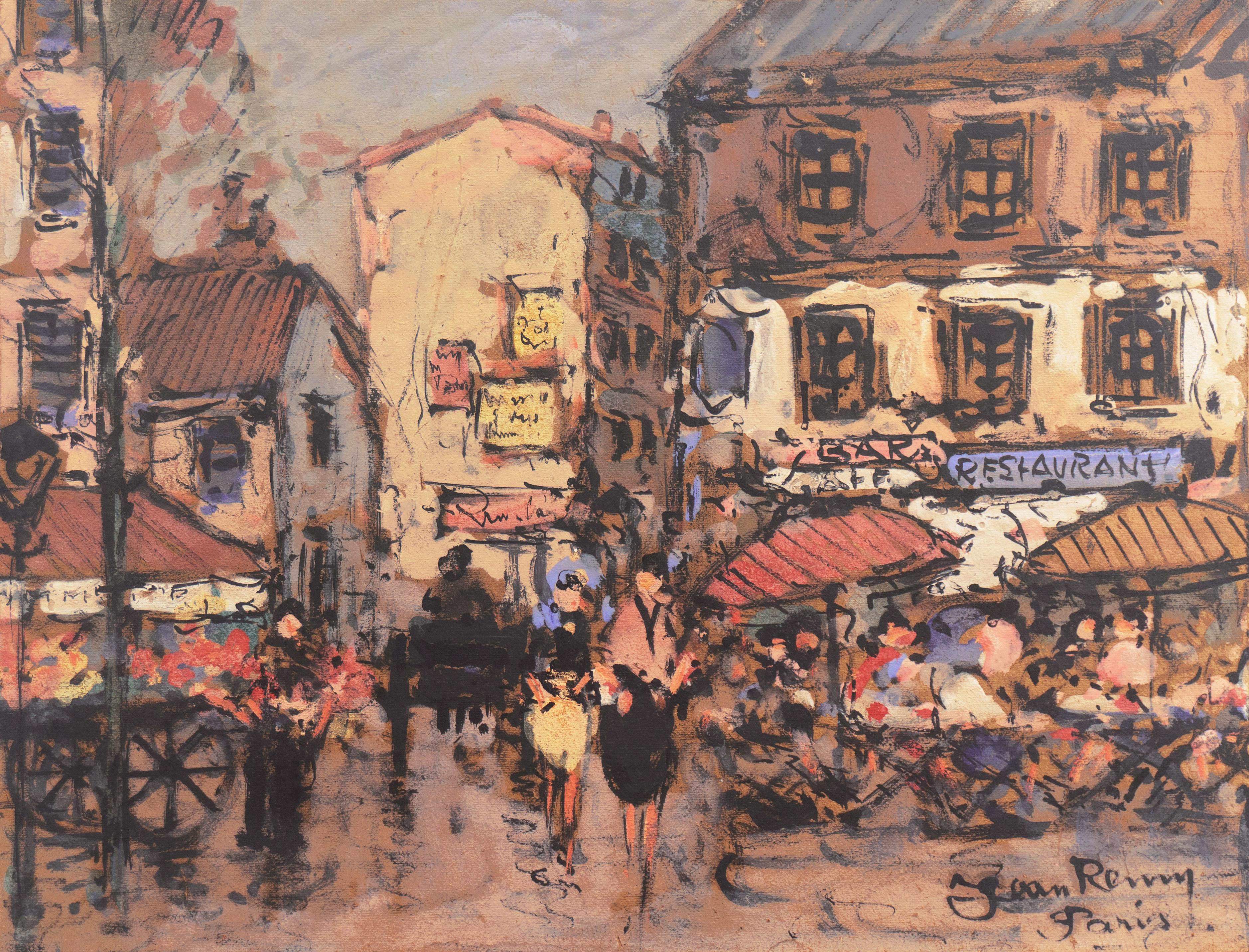 Jean Remy Landscape Painting - 'Parisian Cafe and Flower Market', French School, Post Impressionist