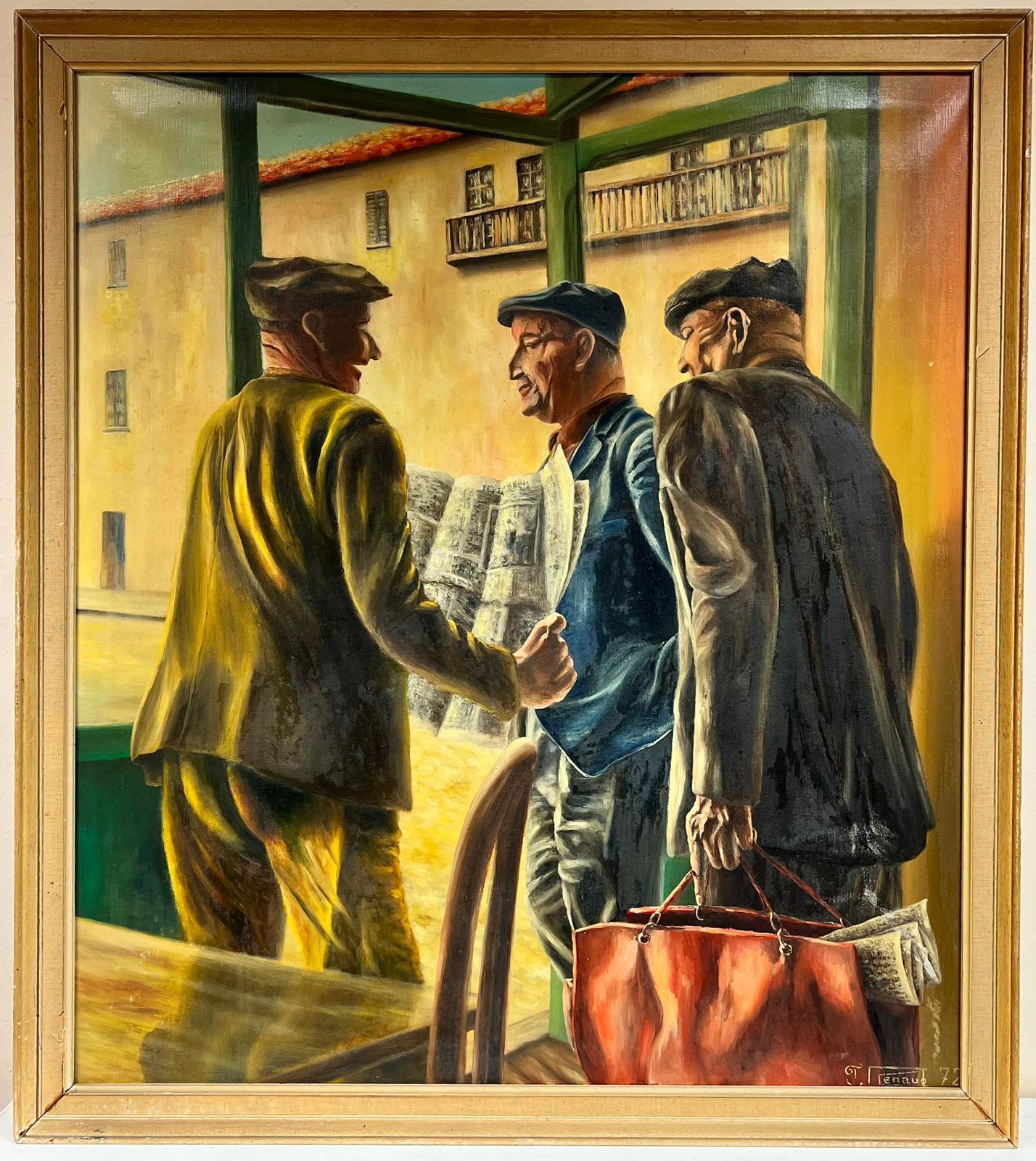 Huge 1970's French Signed Oil Three Men in Cafe Chatting over Newspaper - Painting by Jean Renaud