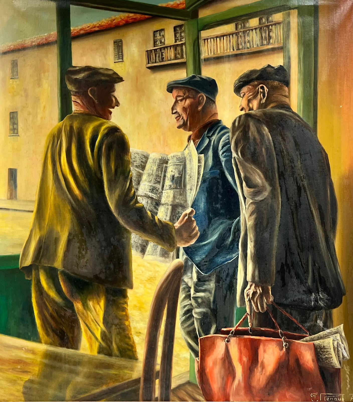 Jean Renaud Figurative Painting - Huge 1970's French Signed Oil Three Men in Cafe Chatting over Newspaper
