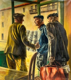 Huge 1970''s French Signed Oil Three Men in Cafe Chatting over Newspaper