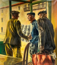 Huge 1970's French Signed Oil Three Men in Cafe Chatting over Newspaper