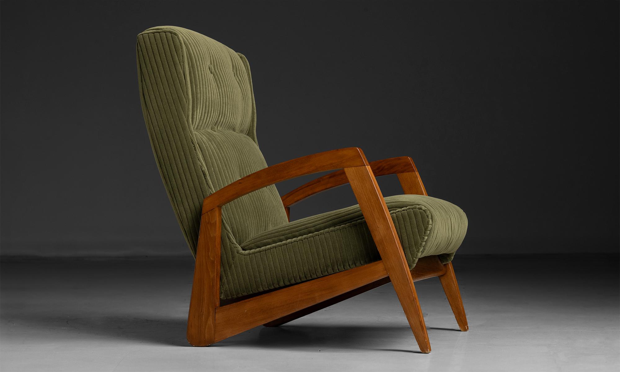 Jean Rene Caillette Lounge Chair
France, 1960
Model FS144,wood frame, newly upholstered in wide corduroy by Maharam.
24.25”w x 29”d x 33”h x 15” seat