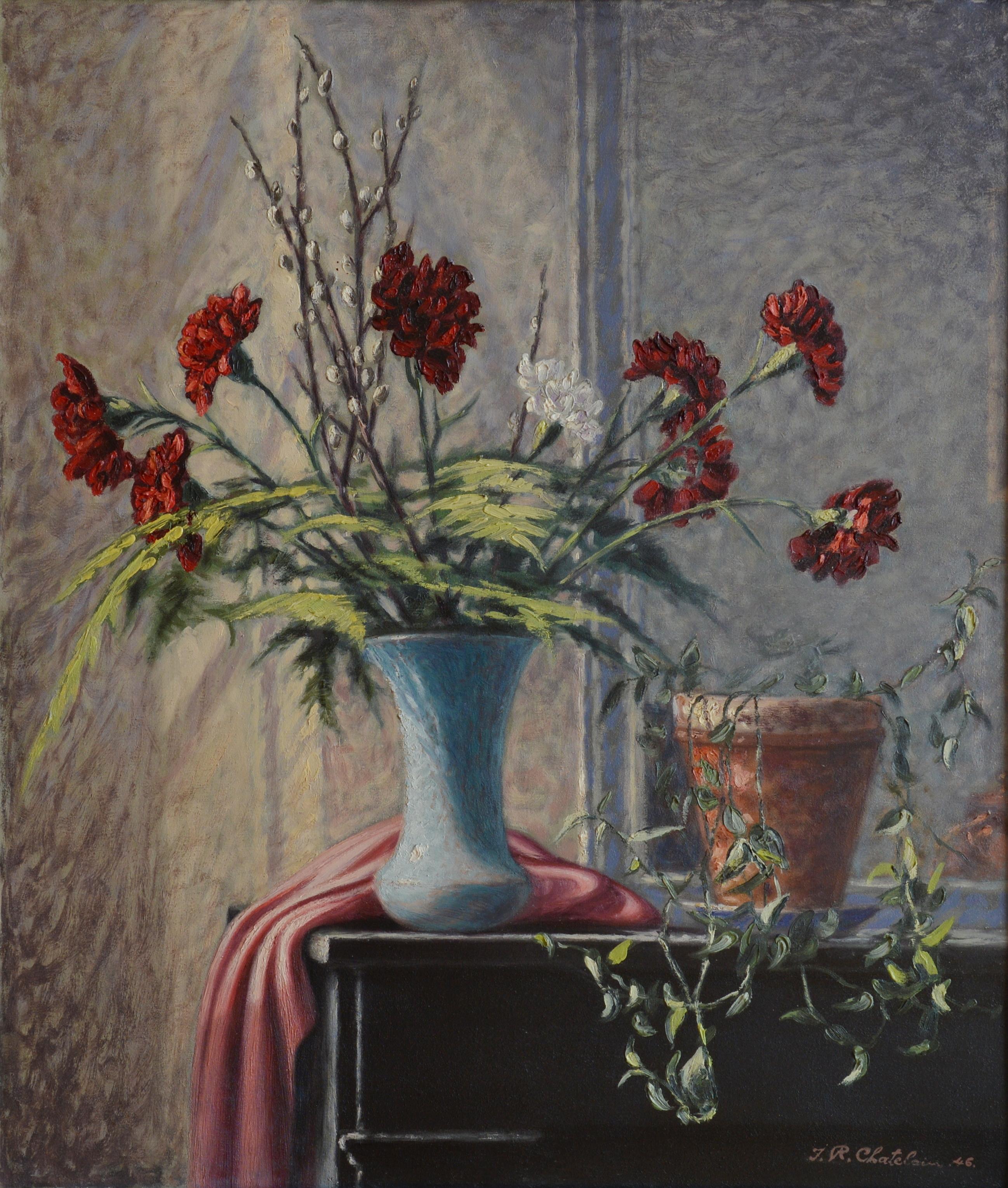Jean-René Chatelain, Carnation Vase, Oil on Canvas For Sale 1