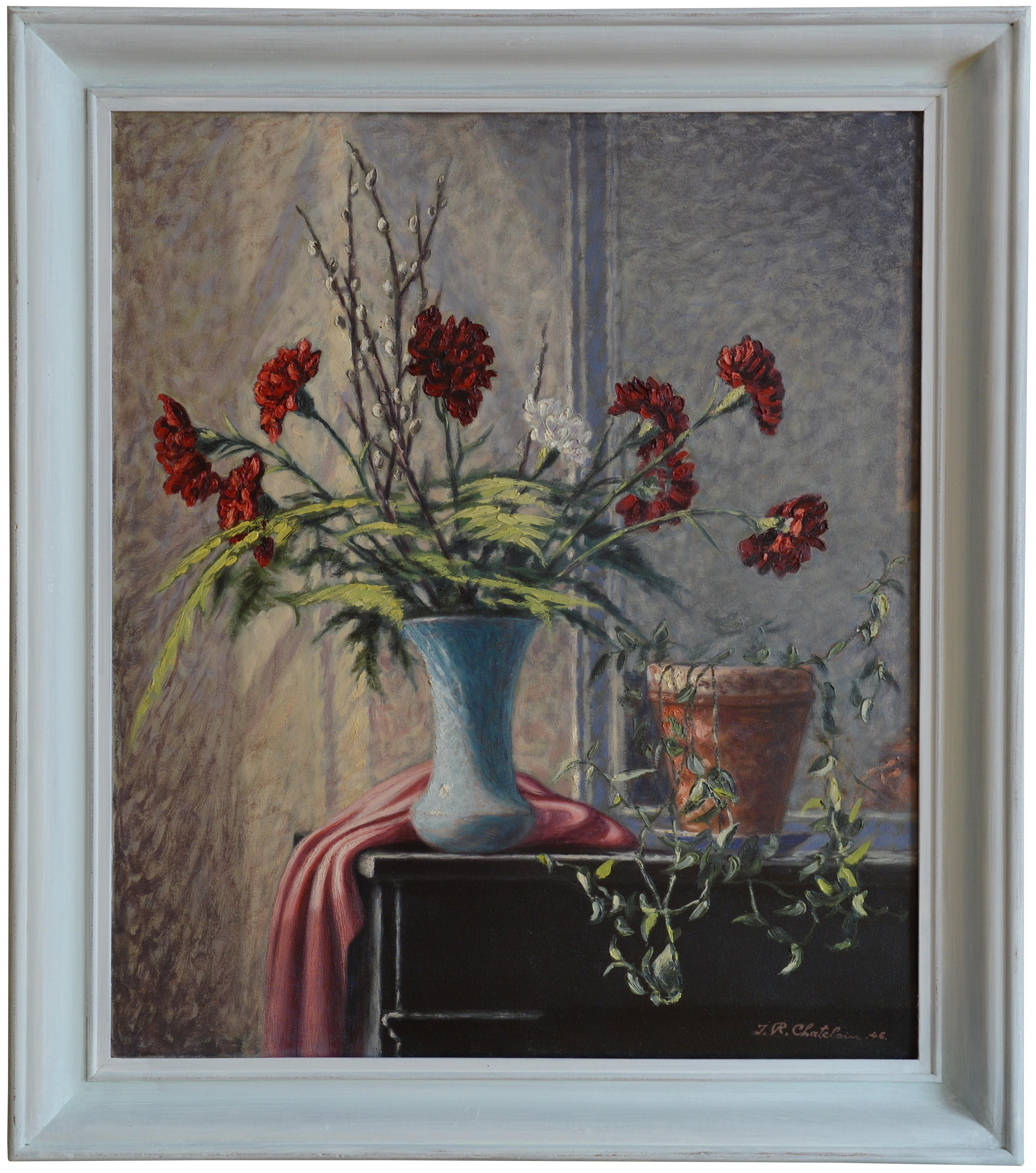 Jean-René Chatelain, Carnation Vase, Oil on Canvas