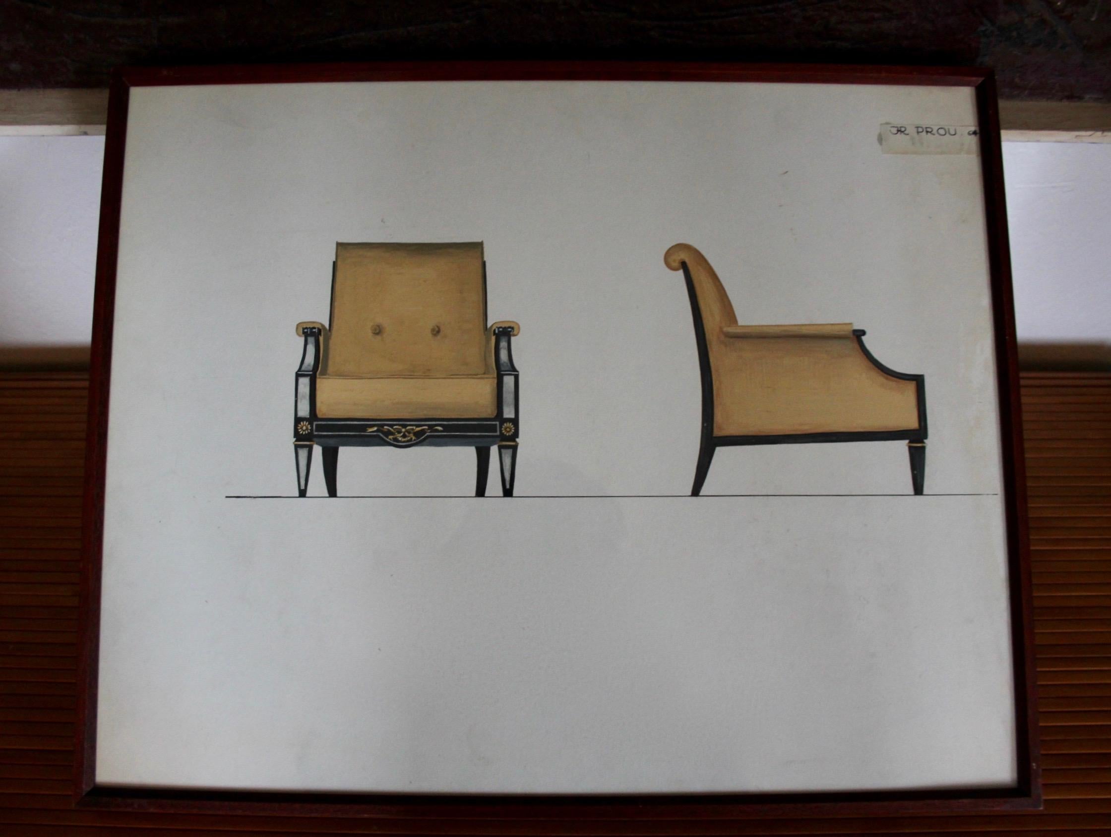 French Jean Rene Prou Neo classic armchairs drawing For Sale