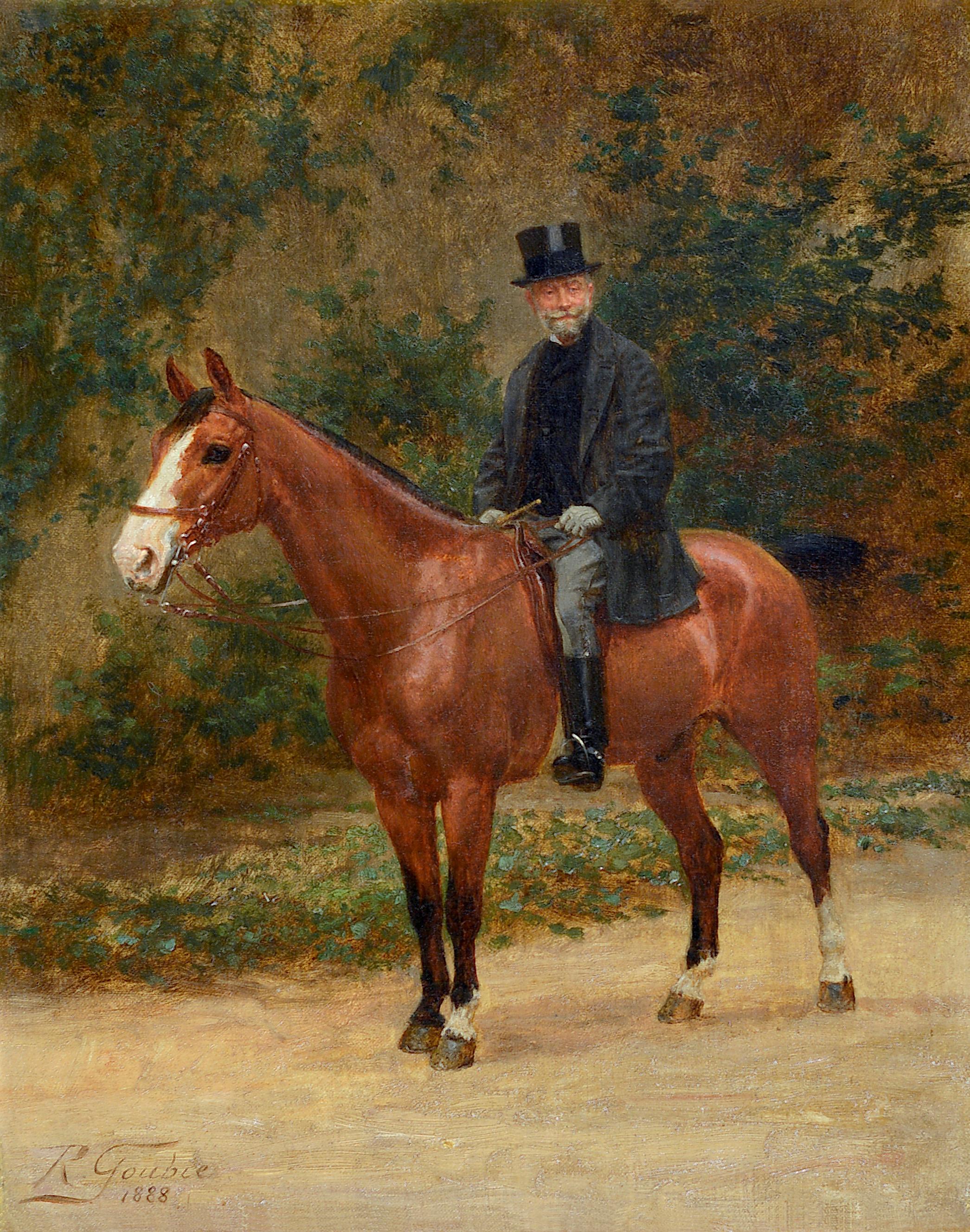 Portrait of a man on horseback - Painting by Jean Richard Goubie