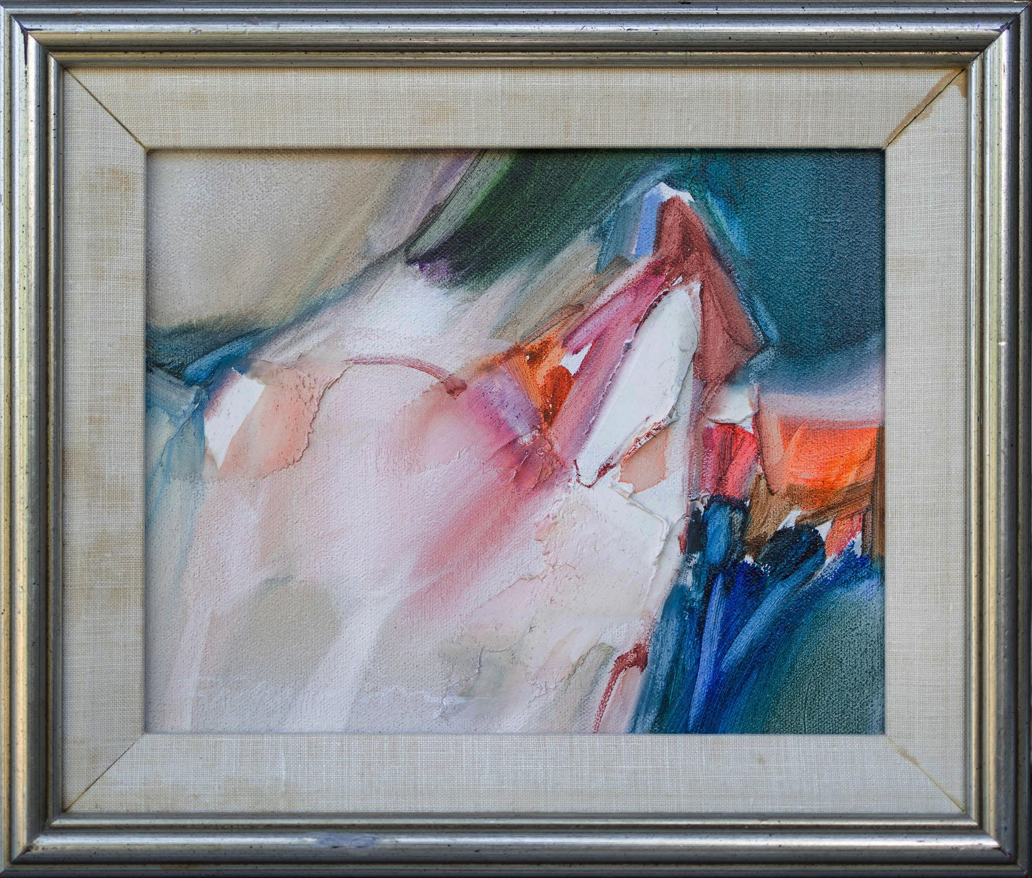Quadro astratto d'epoca con cavallo blu, rosa, arancione, verde acqua, bianco, marrone corallo, beige - Painting di Jean Richardson