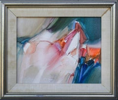 Vintage Abstract Horse Painting in Blue Pink Orange Teal White Coral Brown Beige