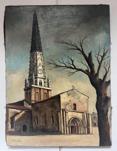Jean Robert Ithier (1904-1977) Ars en Ré, veduta della chiesa, olio su tela