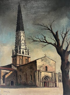 Jean Robert Ithier (1904-1977) Ars en Ré, veduta della chiesa, olio su tela