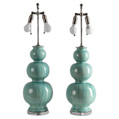 Jean Roger, Paris, Green Pair of Glazed Ceramic Table Lamps, France 20th Century