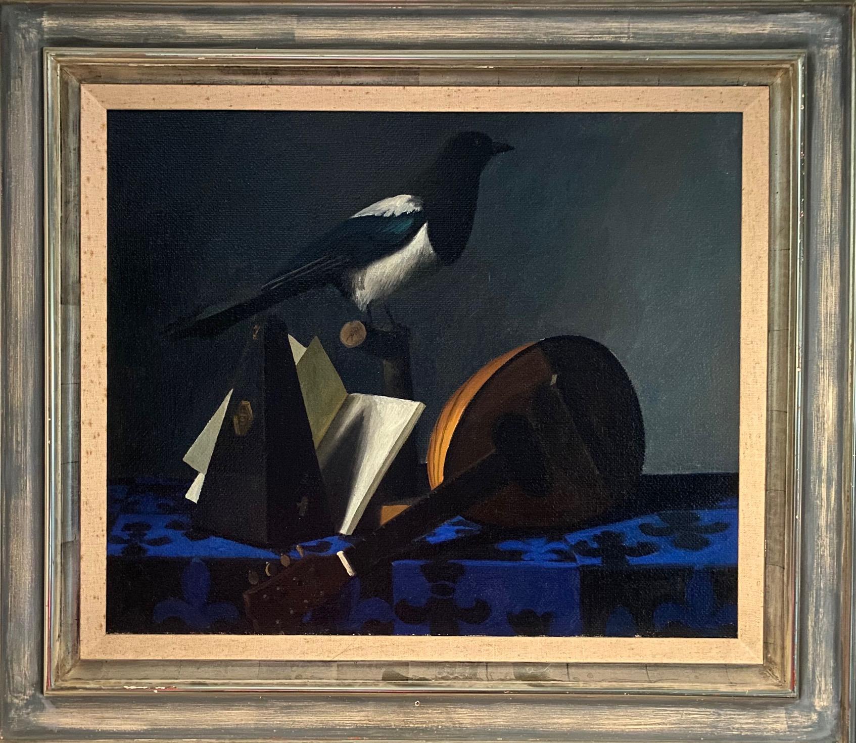 Magpie, mandolin and book by Jean Roll - Oil on canvas 54x65 cm 1
