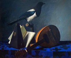 Vintage Magpie, mandolin and book by Jean Roll - Oil on canvas 54x65 cm