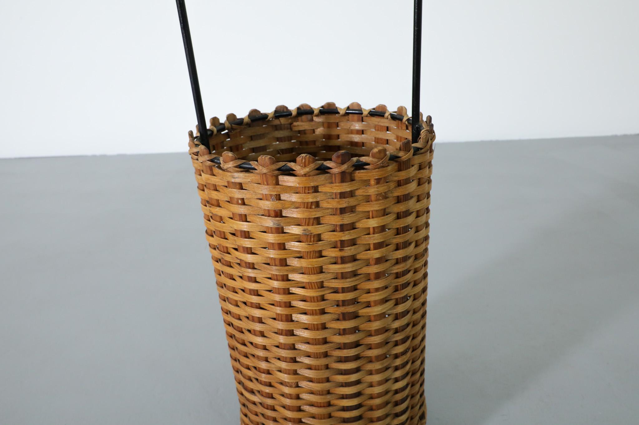 French Mid-Century Woven Rattan Basket or Umbrella Stand with Wrapped Handle For Sale 3