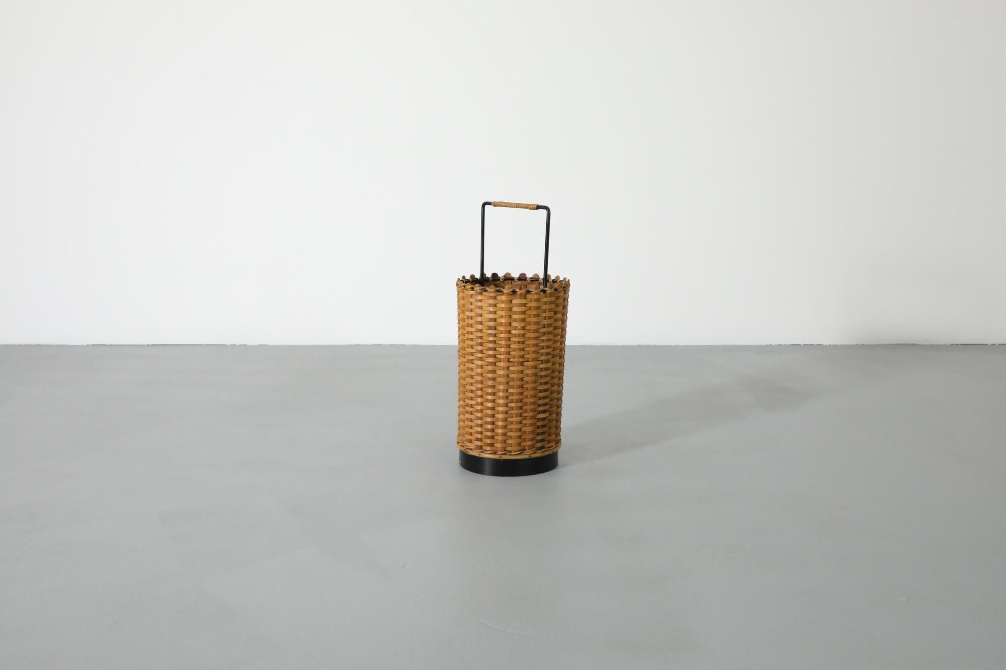 Mid-Century Modern French Mid-Century Woven Rattan Basket or Umbrella Stand with Wrapped Handle For Sale