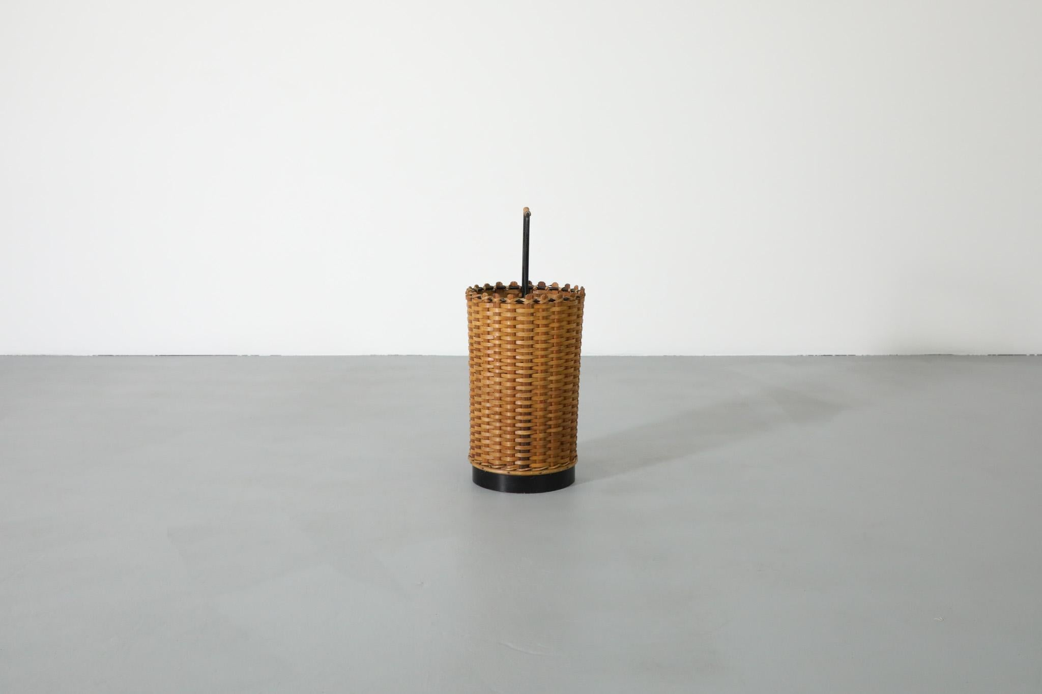 Dutch French Mid-Century Woven Rattan Basket or Umbrella Stand with Wrapped Handle For Sale