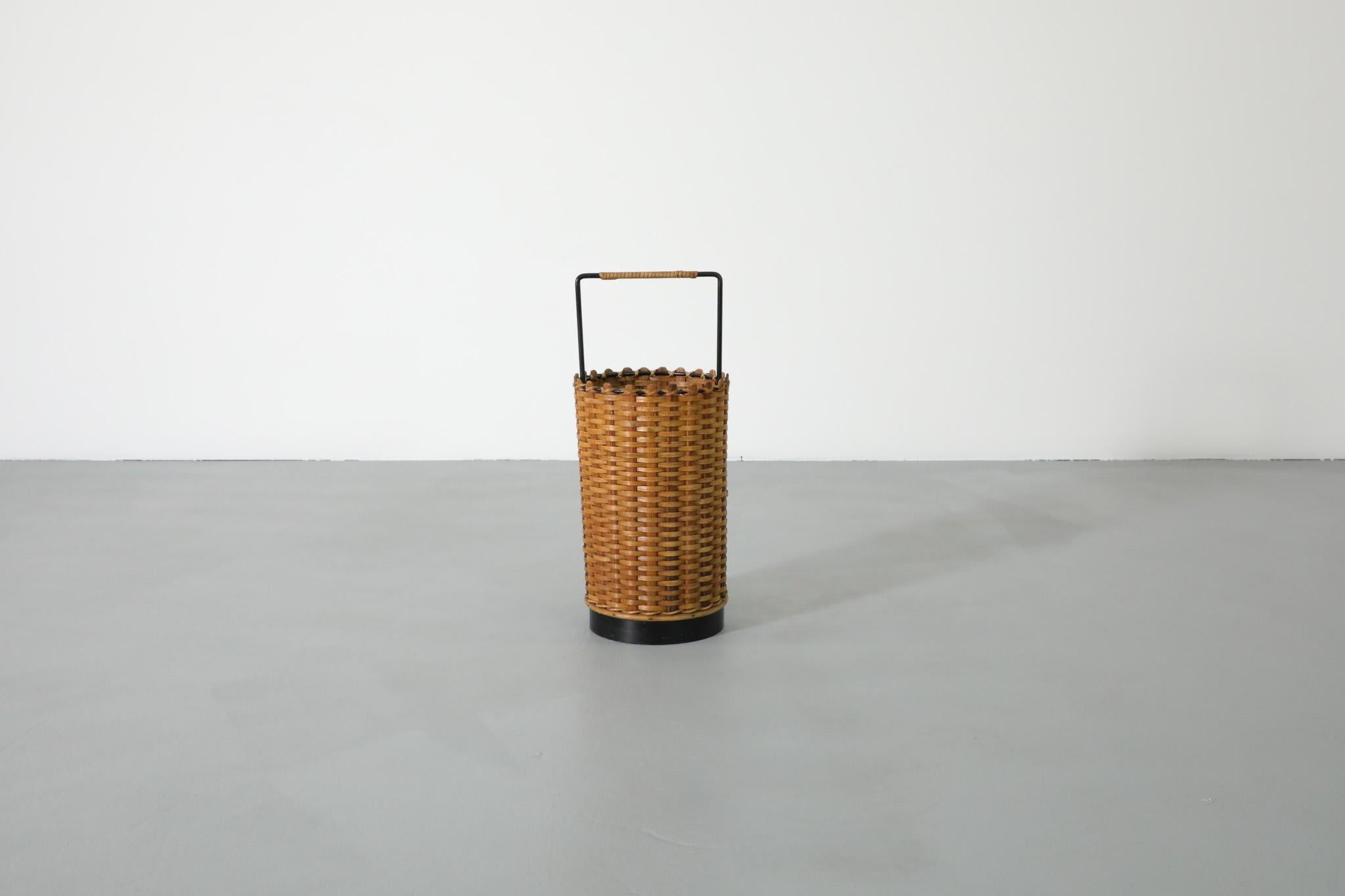 French Mid-Century Woven Rattan Basket or Umbrella Stand with Wrapped Handle In Good Condition For Sale In Los Angeles, CA