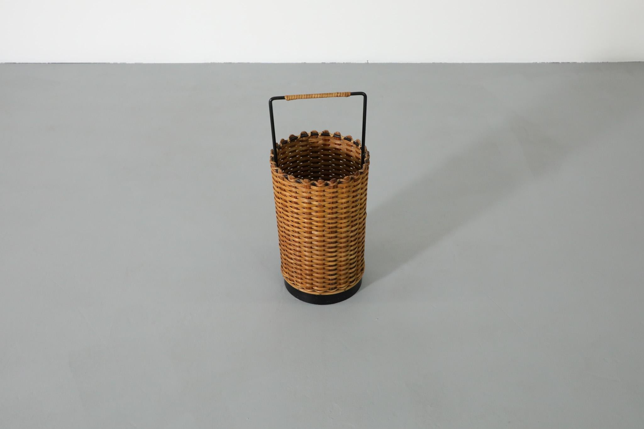 Mid-20th Century French Mid-Century Woven Rattan Basket or Umbrella Stand with Wrapped Handle For Sale