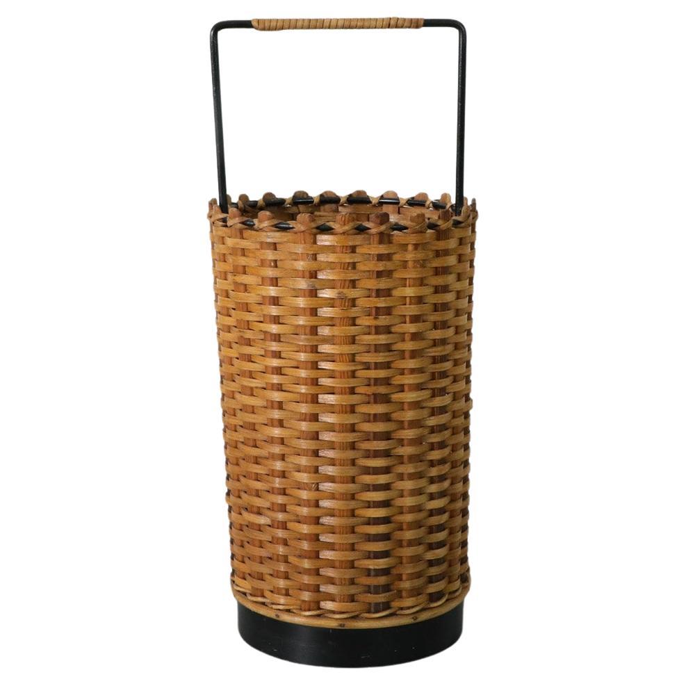 French Mid-Century Woven Rattan Basket or Umbrella Stand with Wrapped Handle For Sale