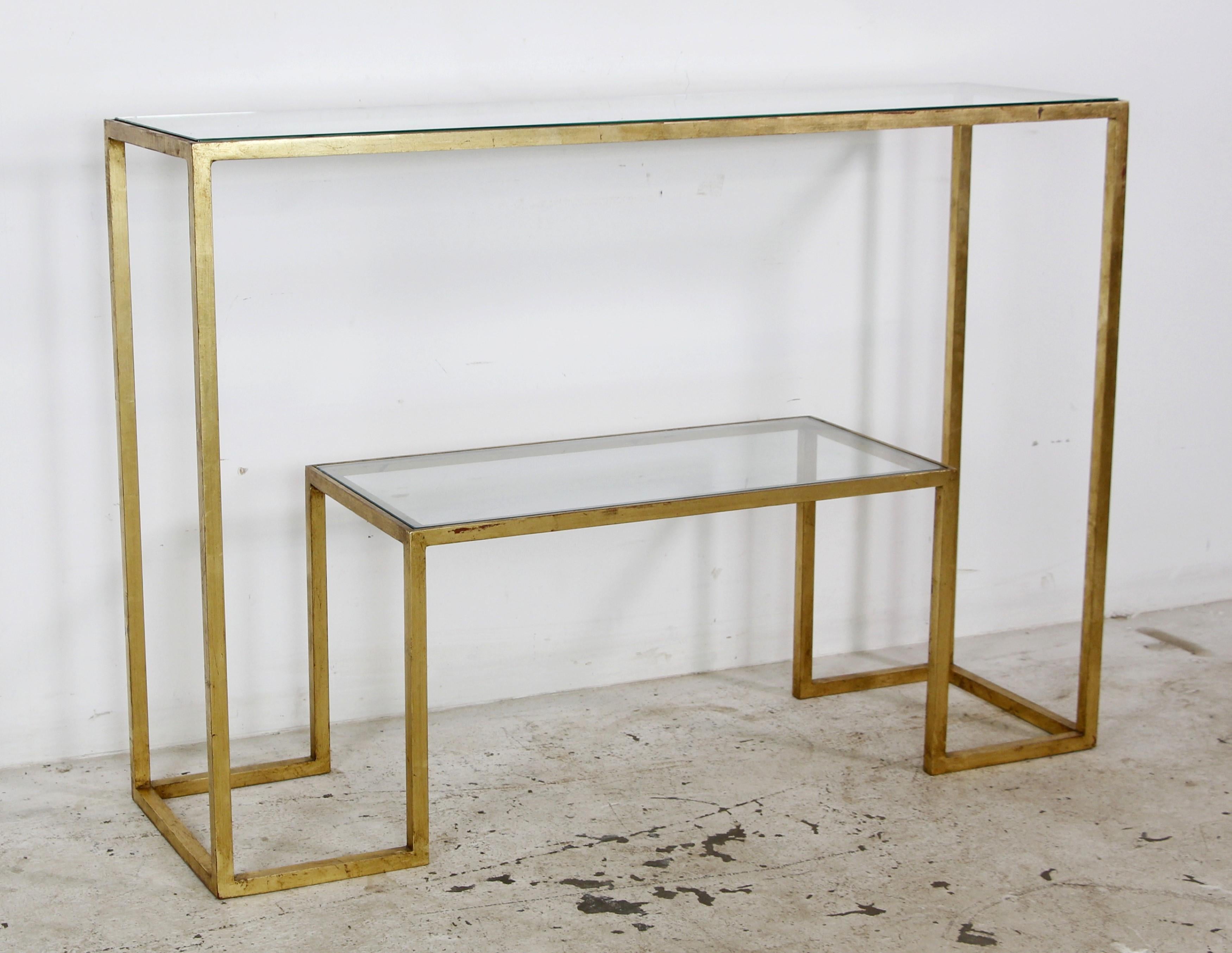 Mid-Century Modern Jean Royere French Gild Steel Glass 2 Tier Console Table For Sale