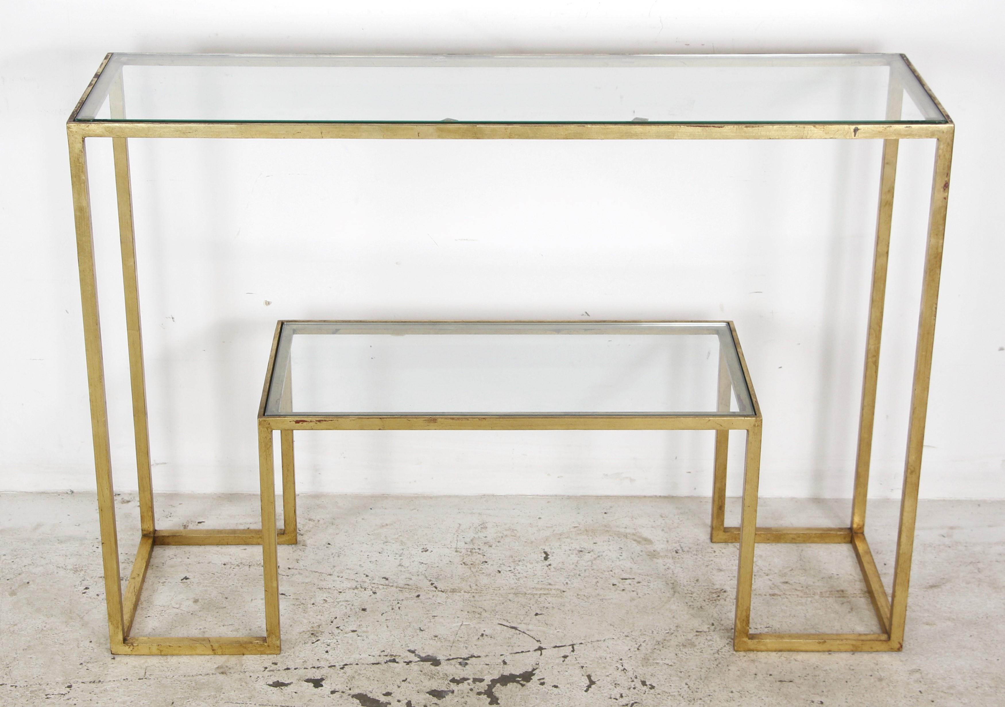 Gilt Jean Royere French Gild Steel Glass 2 Tier Console Table For Sale