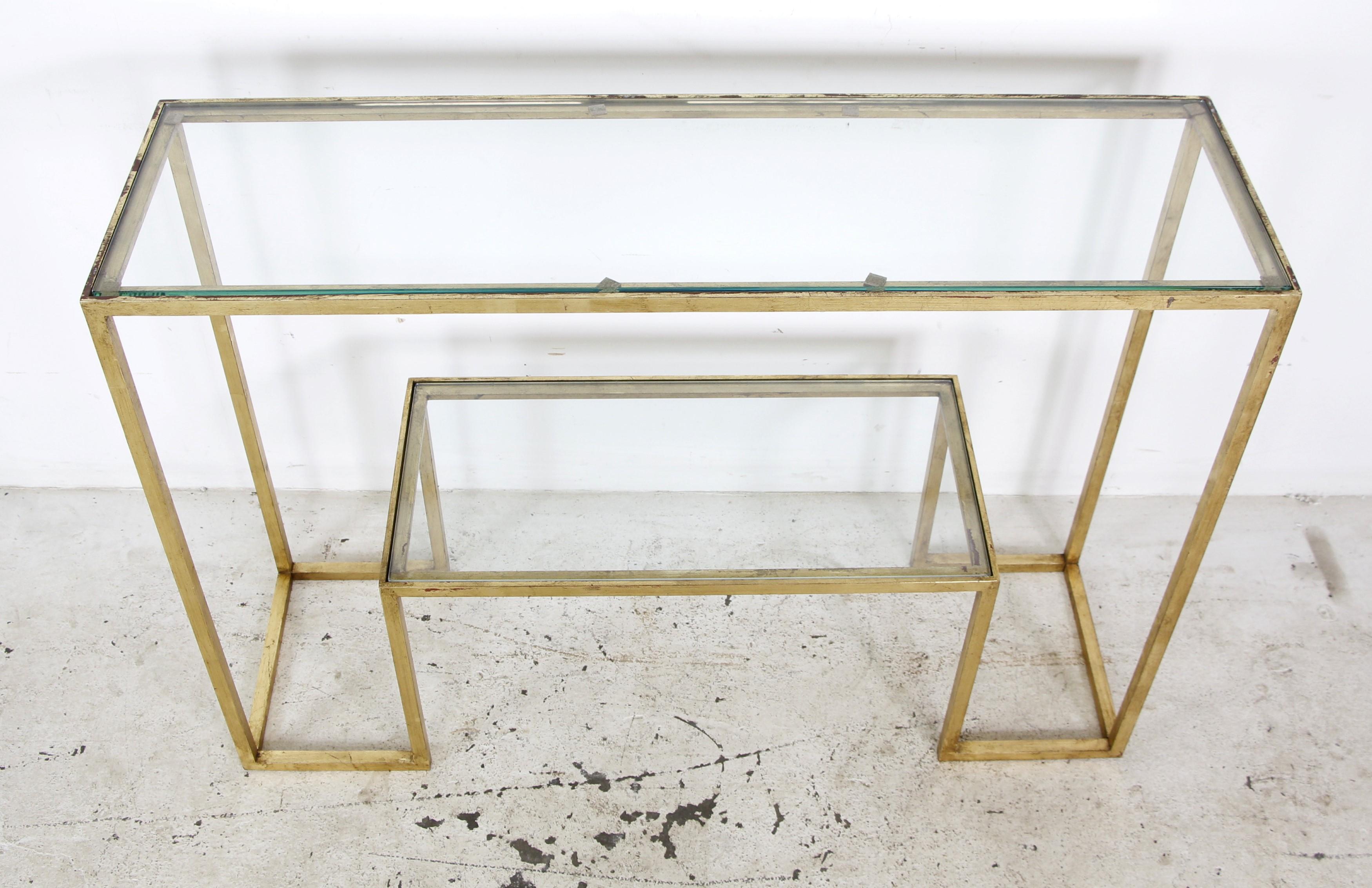Jean Royere French Gild Steel Glass 2 Tier Console Table In Good Condition For Sale In New York, NY