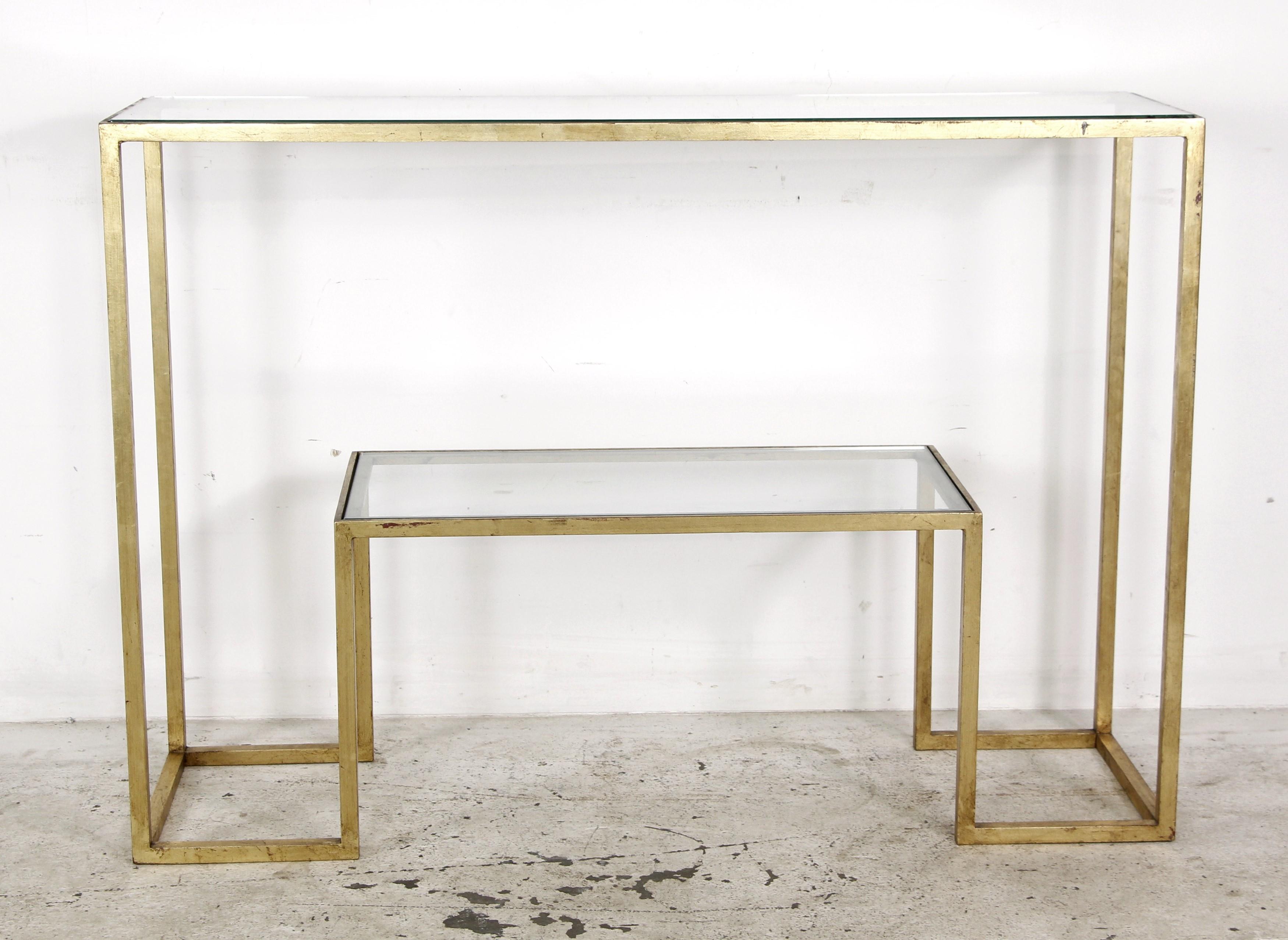 20th Century Jean Royere French Gild Steel Glass 2 Tier Console Table For Sale