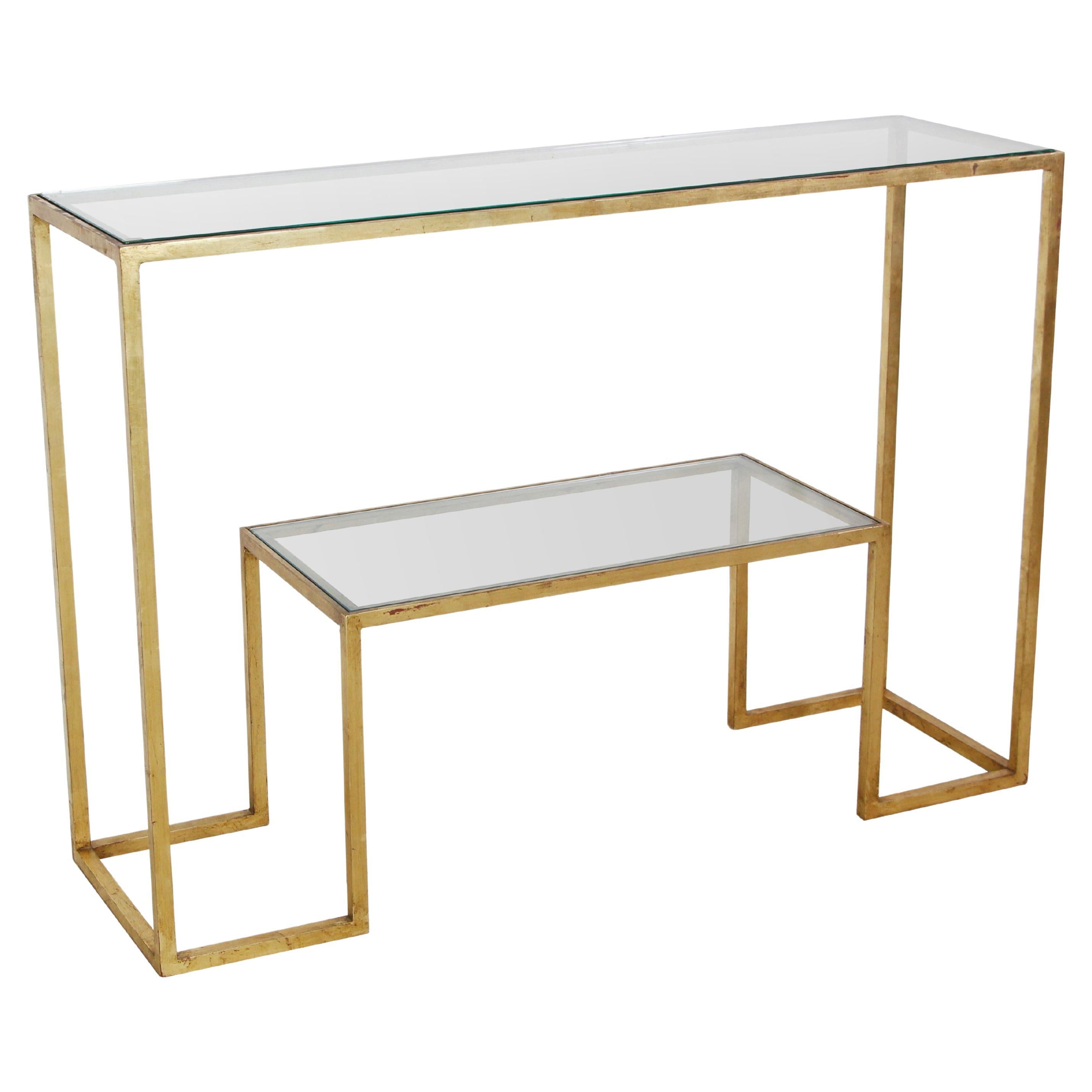 Table console à 2 niveaux en acier doré français en vente