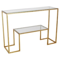 Jean Royere Table console à 2 niveaux en acier doré et verre