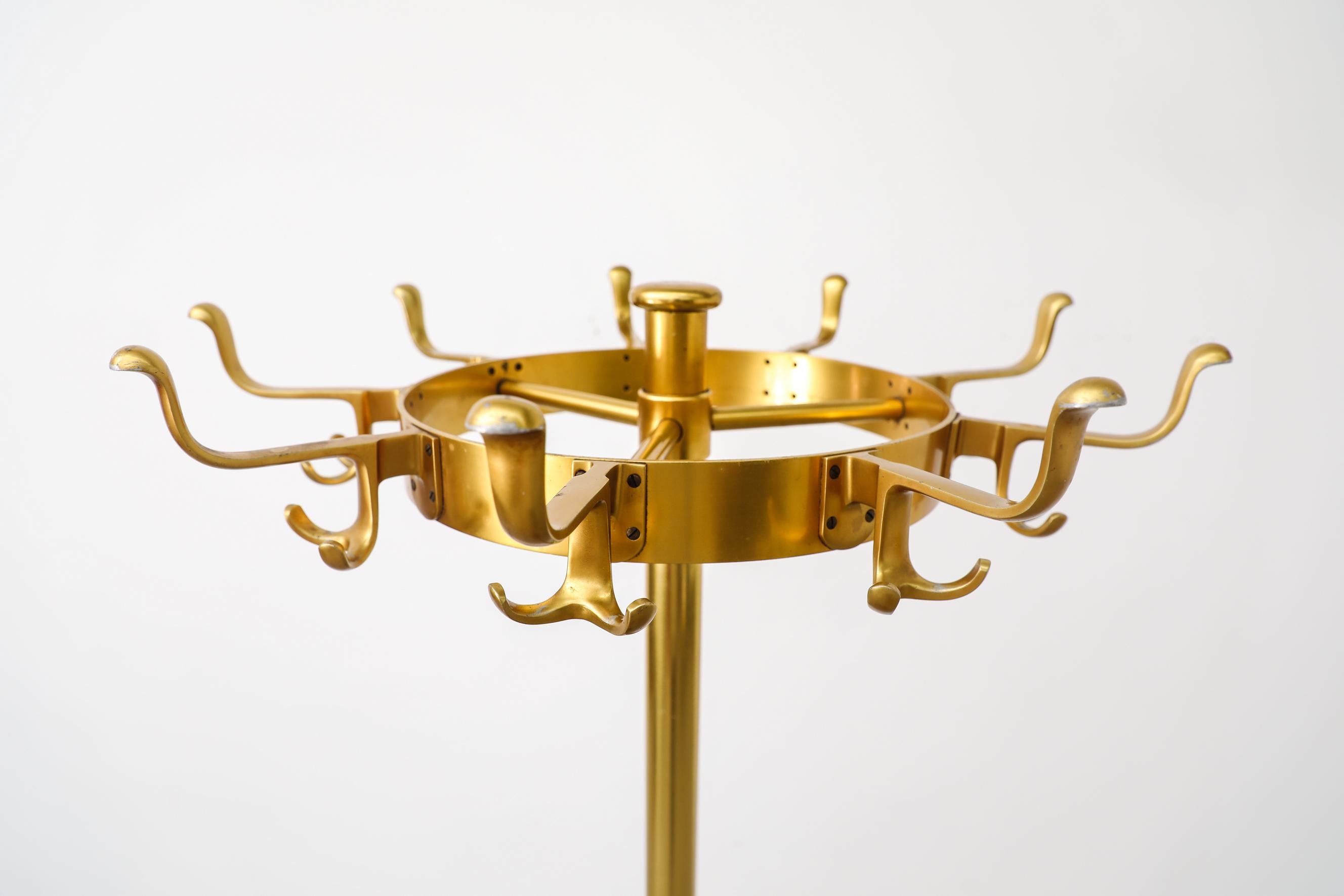 Dutch Gold Coat Rack w/ Heavy Black Base, Umbrella Holder, and Circular Hook Crown For Sale
