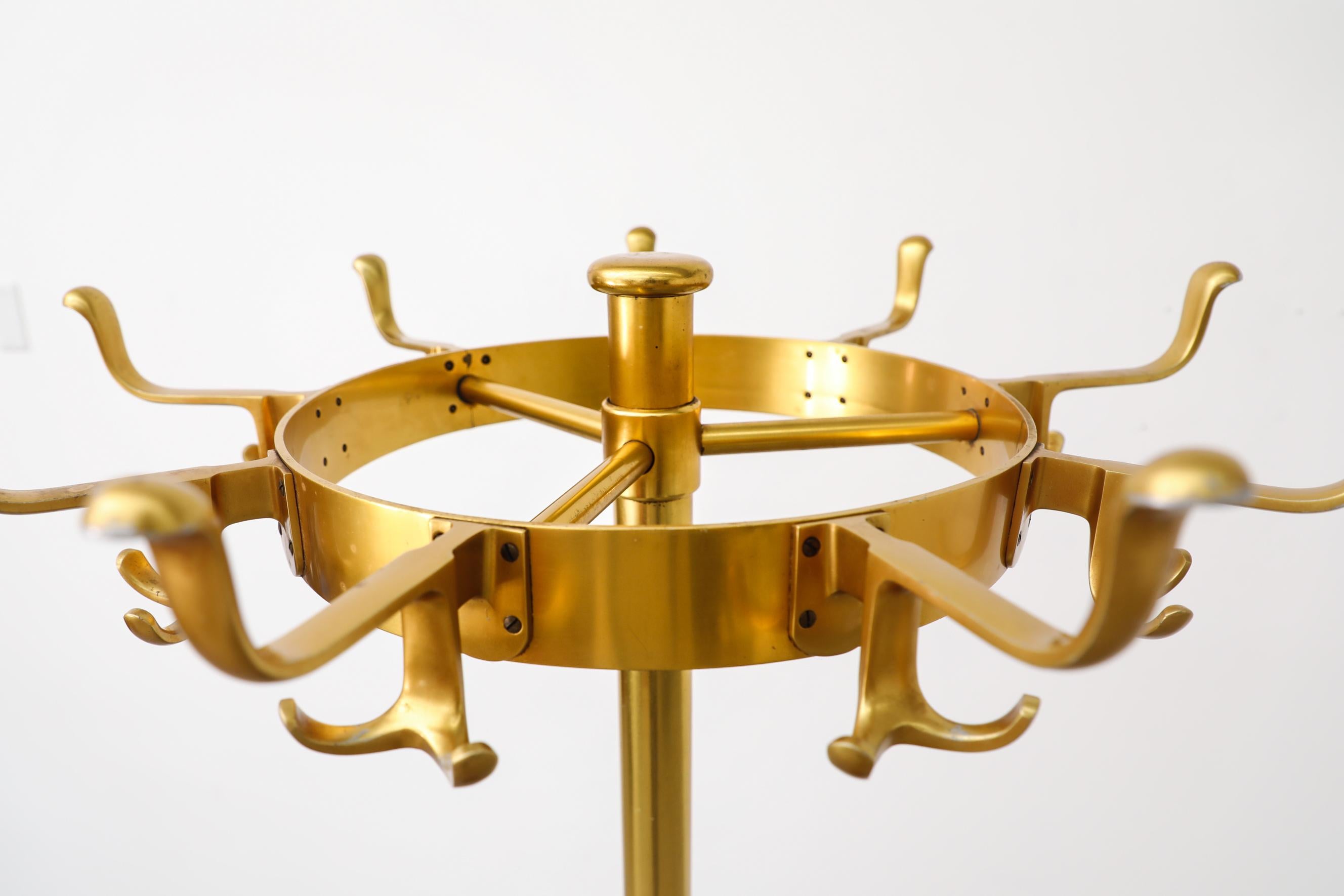 Mid-Century Modern Gold Coat Rack w/ Heavy Black Base, Umbrella Holder, and Circular Hook Crown For Sale