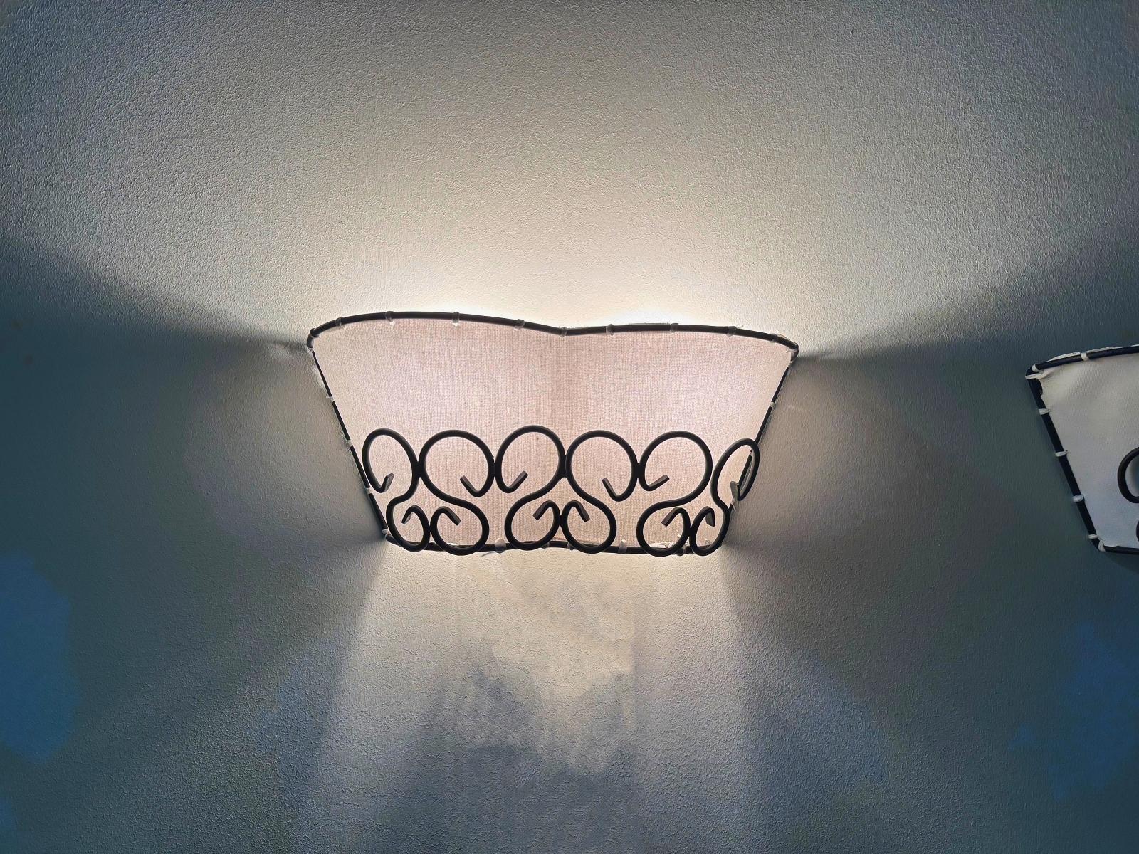 20th Century French MidCentury Modern Iron & Canvas Wall Lights, 1960s, France For Sale