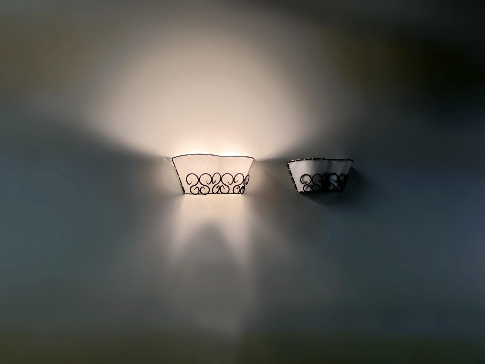 French MidCentury Modern Iron & Canvas Wall Lights, 1960s, France For Sale 1