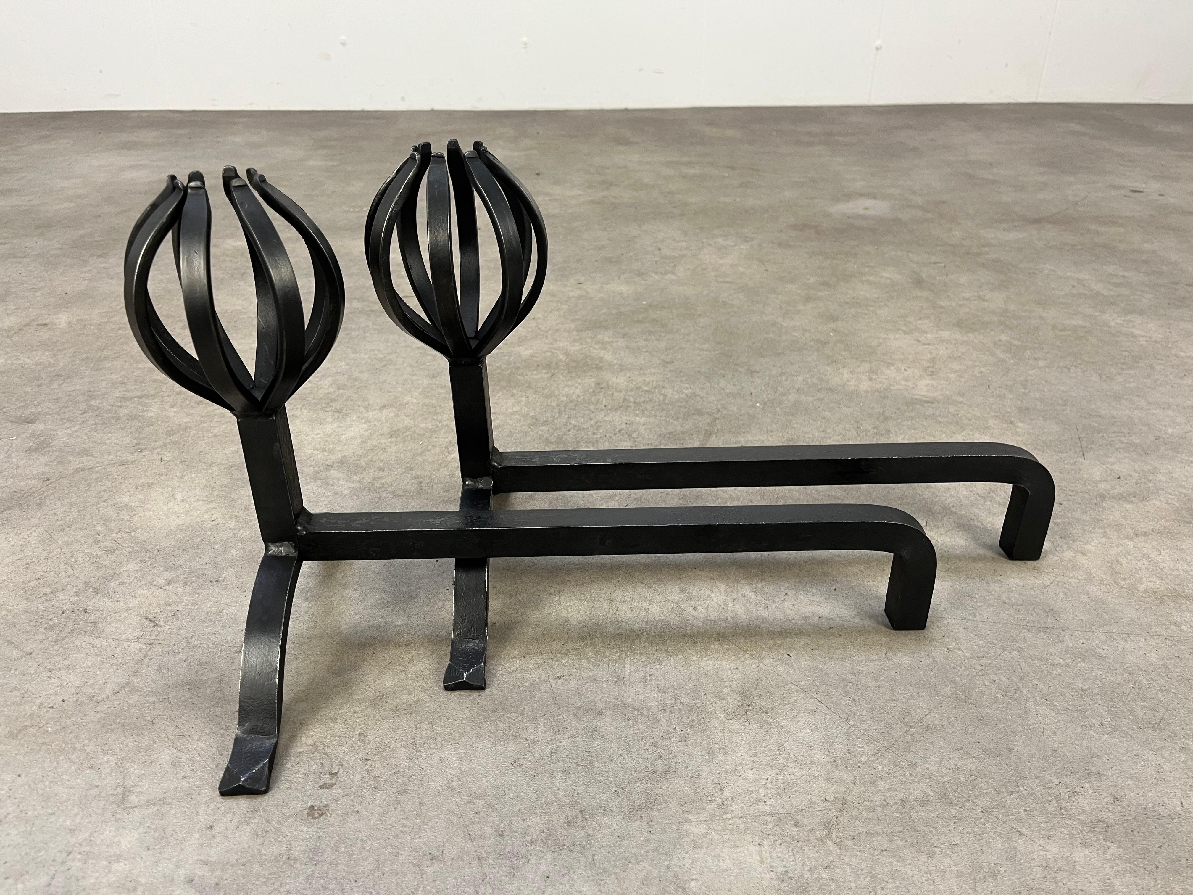 Pair of modernist wrought iron andirons, France, 1950's, mid century For Sale 2