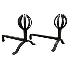 Pair of modernist wrought iron andirons, France, 1950's, mid century
