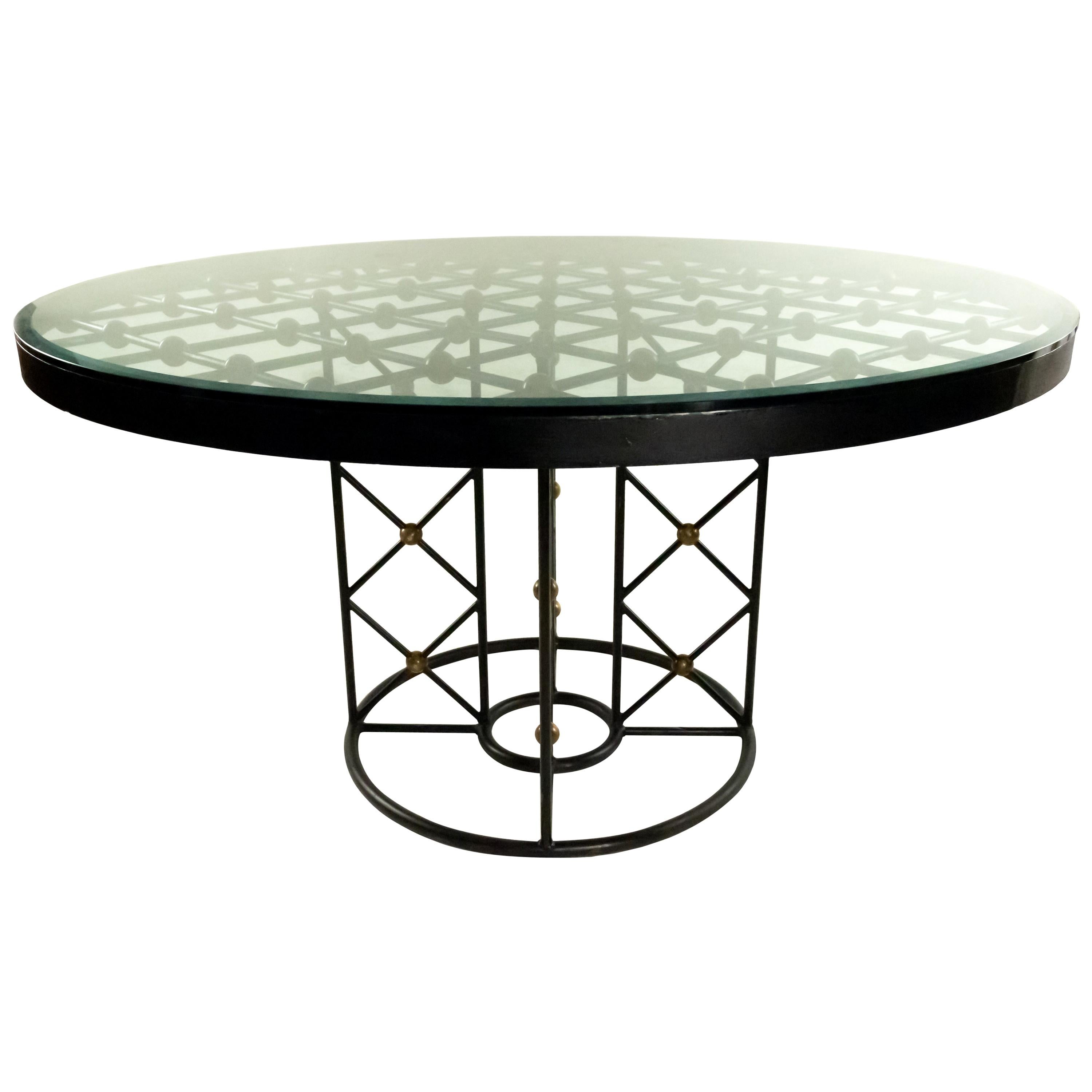 Jean Royère Round Iron Dining Table with Glass Top