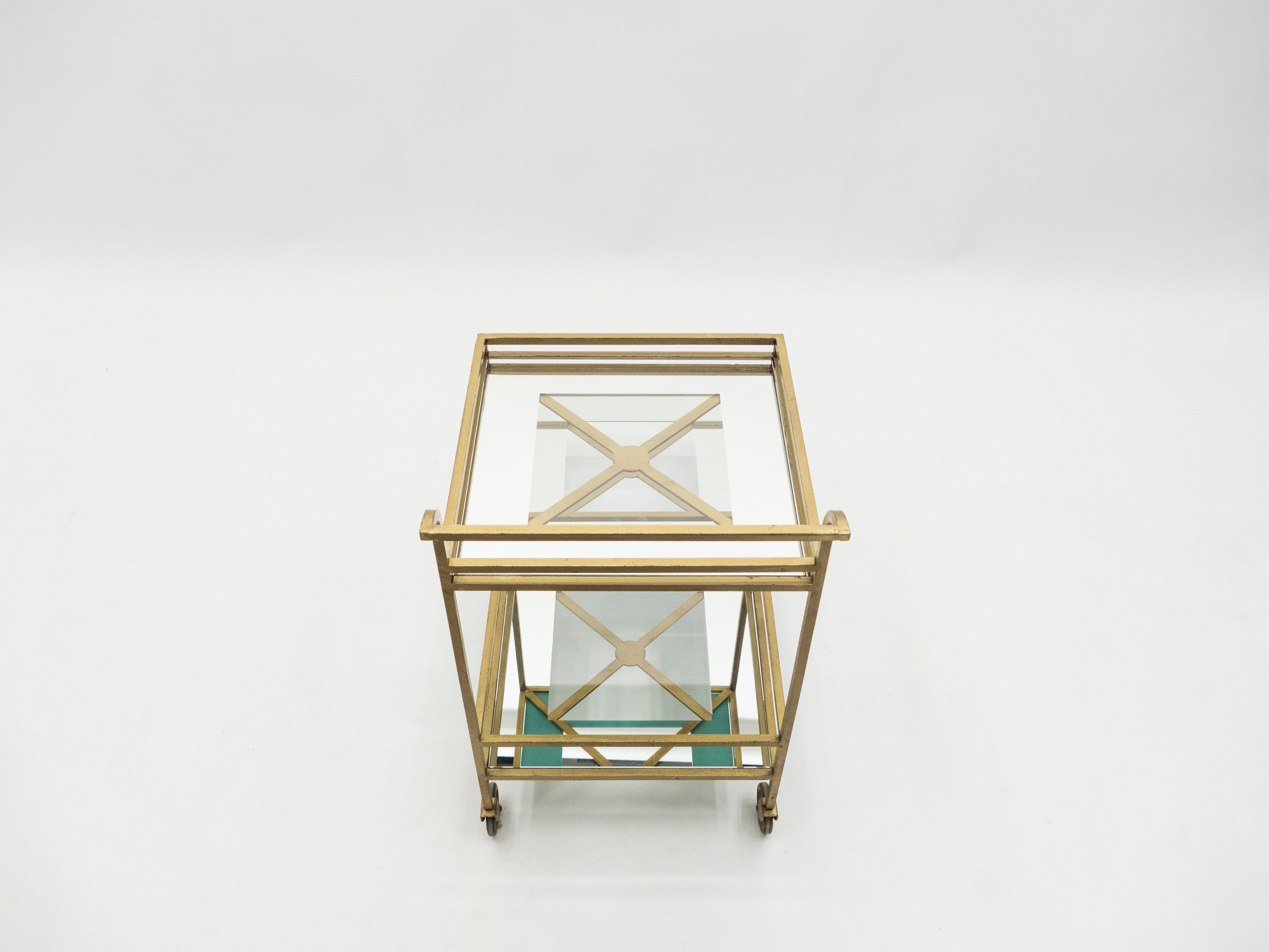 Jean Royère Serving Trolley Gilded Metal Mirrored Glass, 1950 4