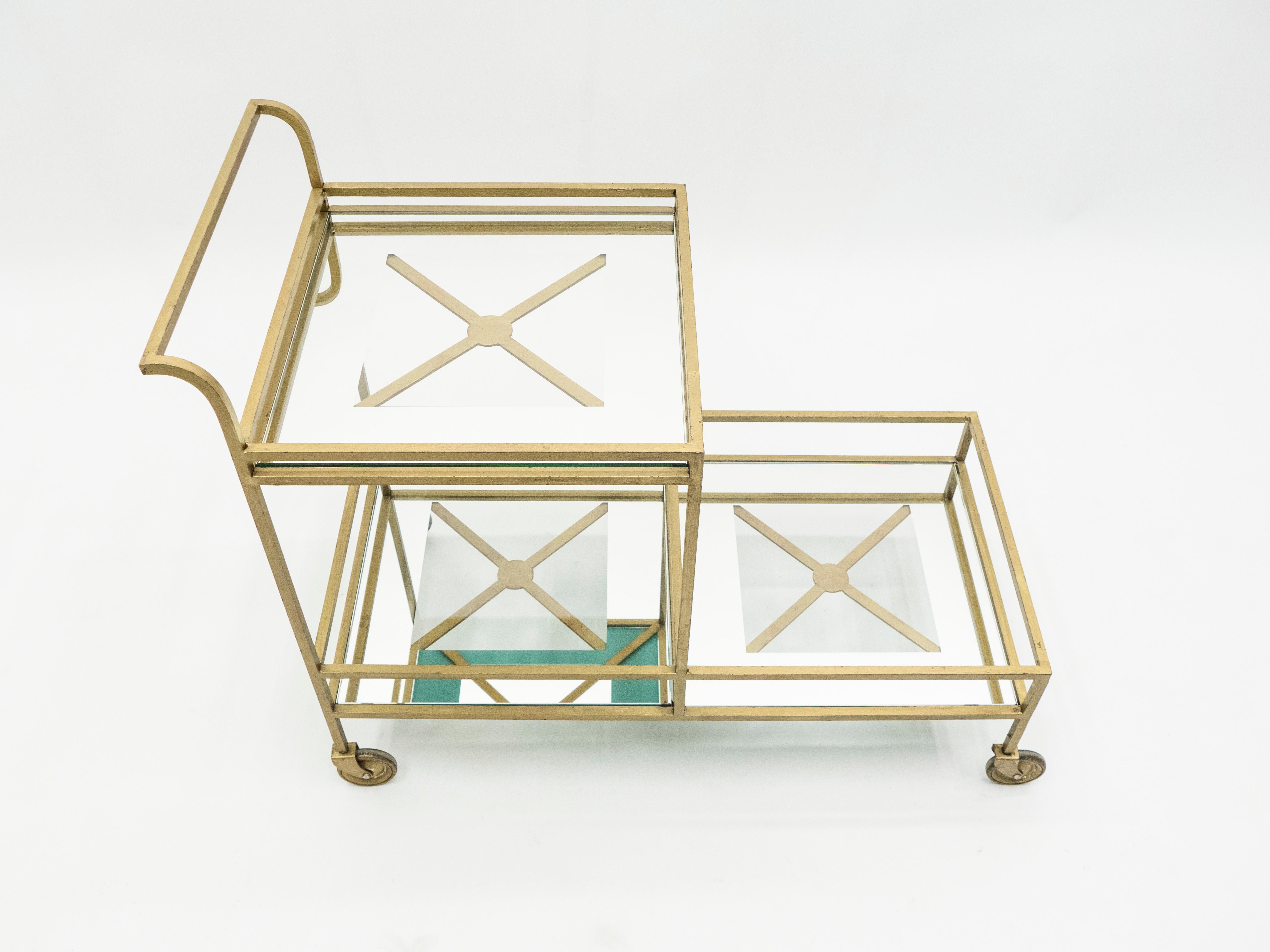 Jean Royère Serving Trolley Gilded Metal Mirrored Glass, 1950 5