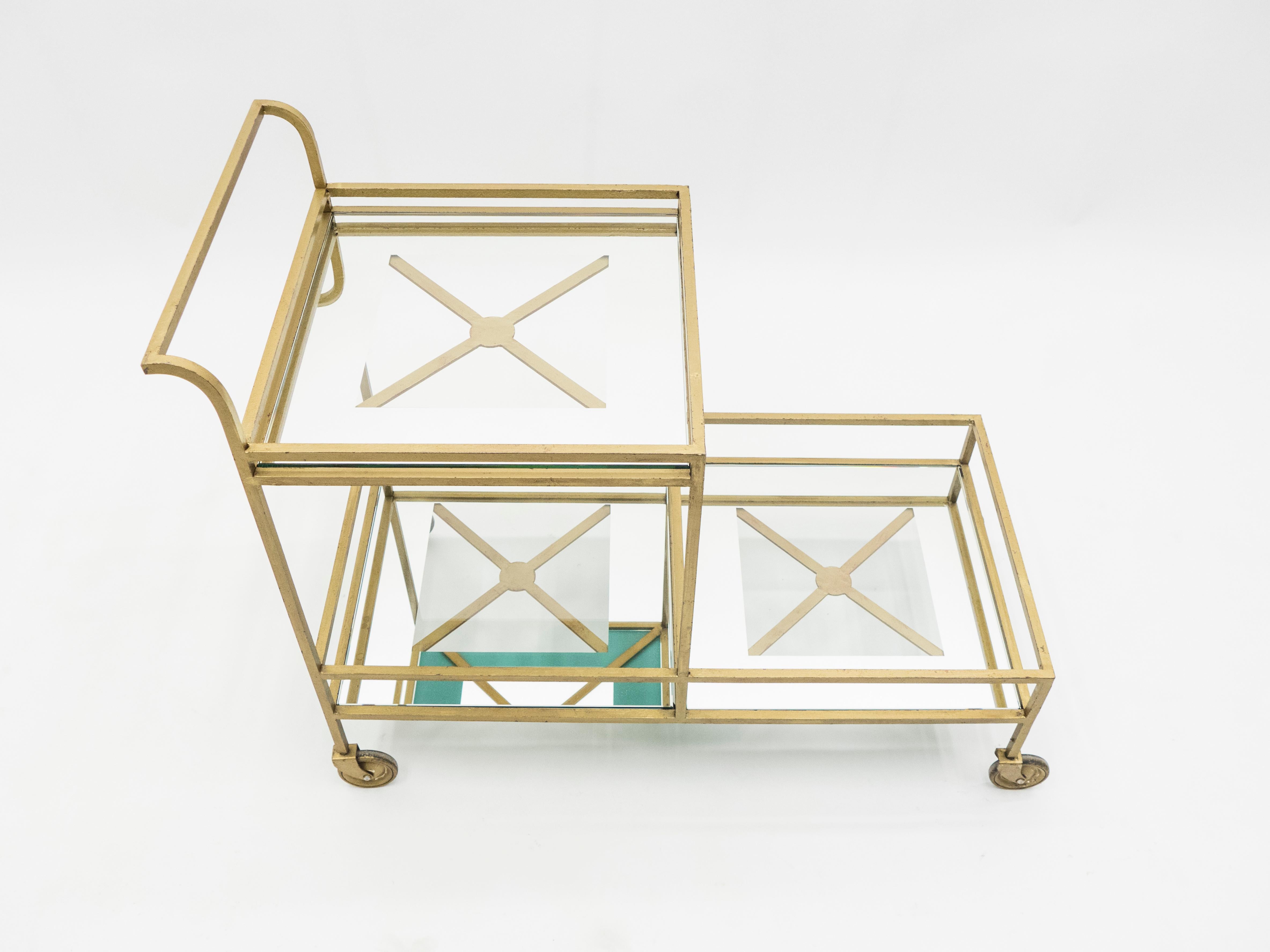 Jean Royère Serving Trolley Gilded Metal Mirrored Glass, 1950 6