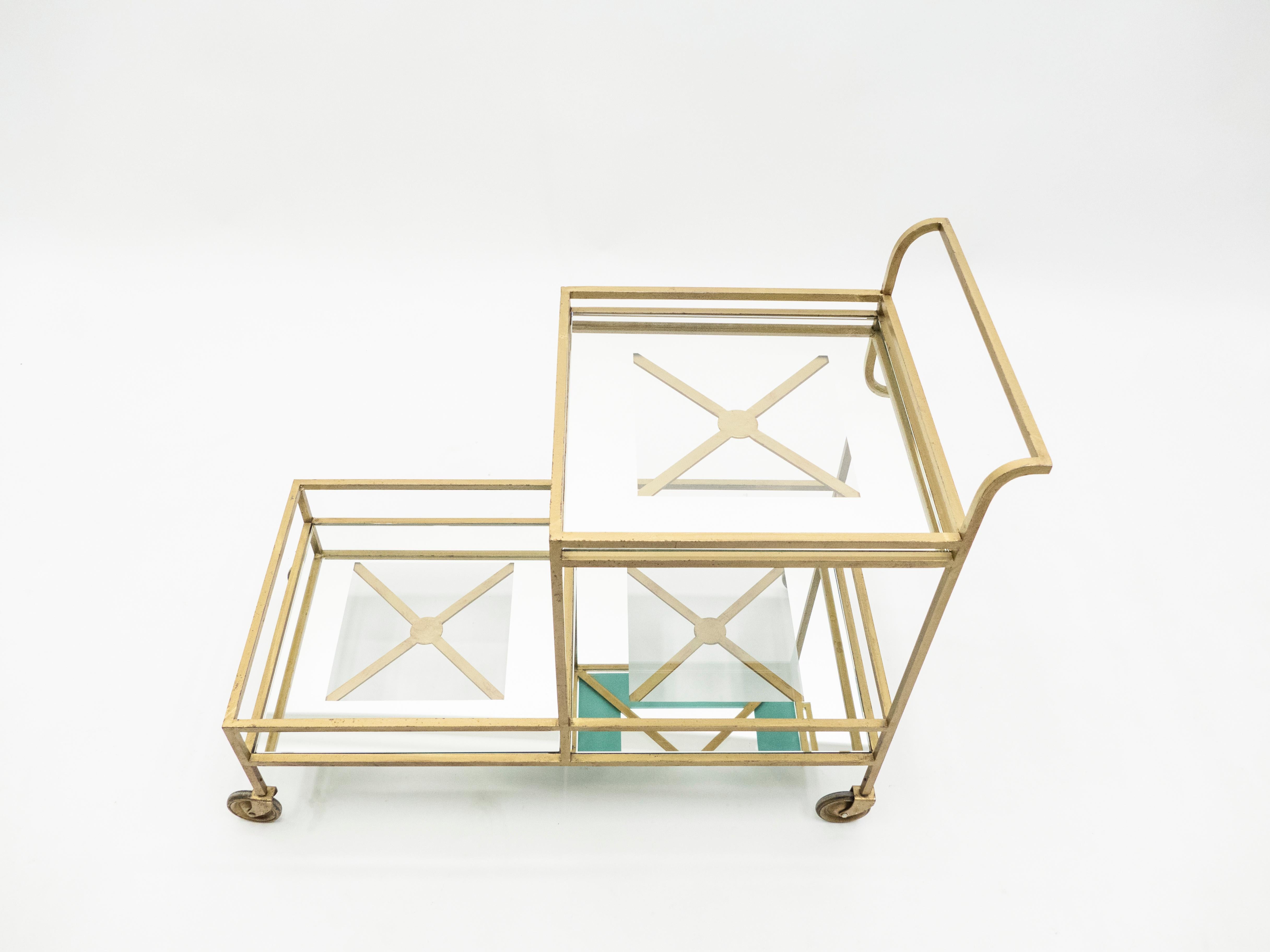 Jean Royère Serving Trolley Gilded Metal Mirrored Glass, 1950 7
